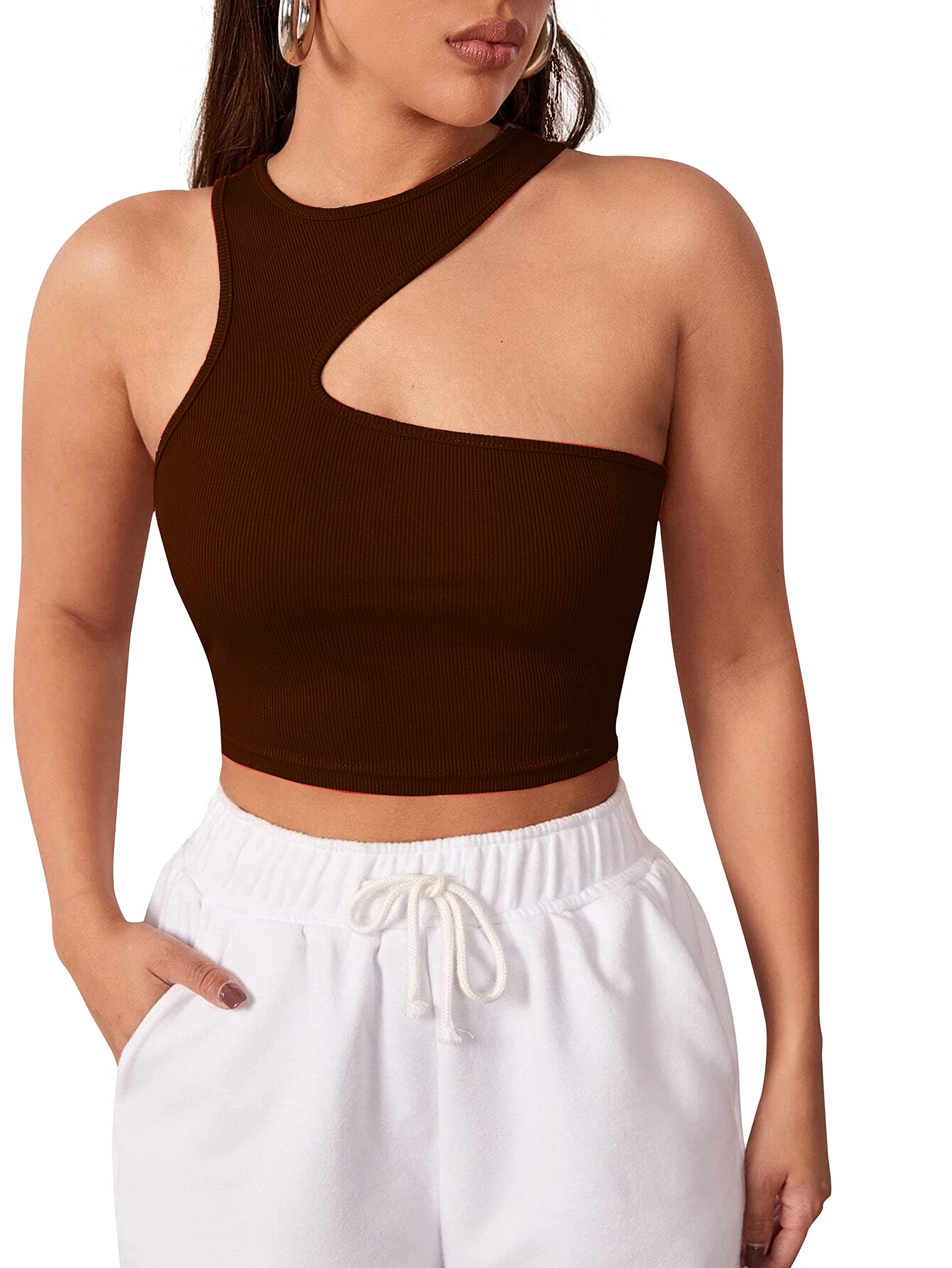 Classy Fashion Women's Solid Ribbed Cotton Round Neck Crop Top | Stretchy, Soft & Breathable Cut Out Tank Top for Girls