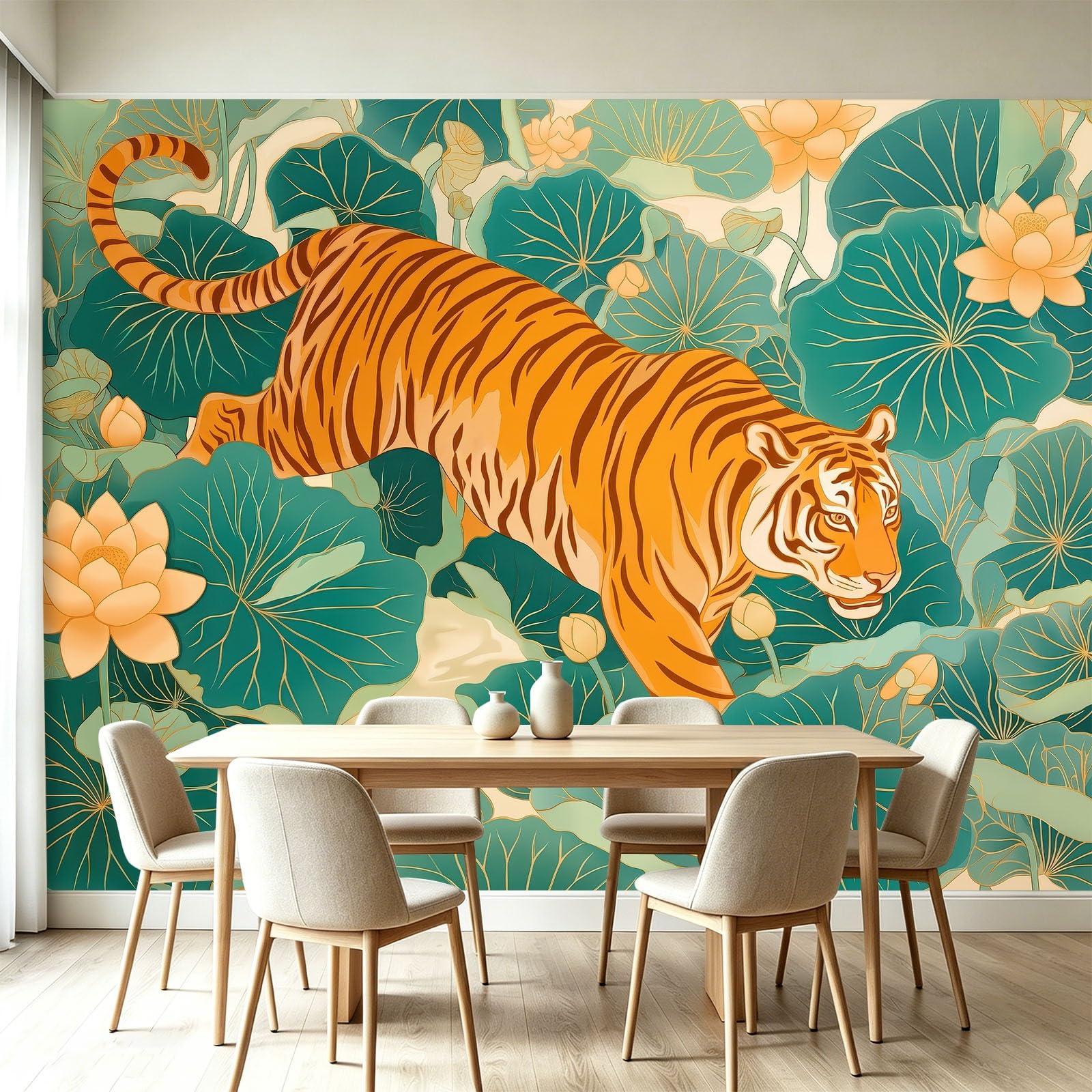 Vintage Panoramiczna tapeta 200 l x 140 cm, tygrys botaniczny kwiatowy tapeta z włókniny do salonu sypialni - nowoczesny mural XXL, sztuka ścienna gigantyczny plakat do biura