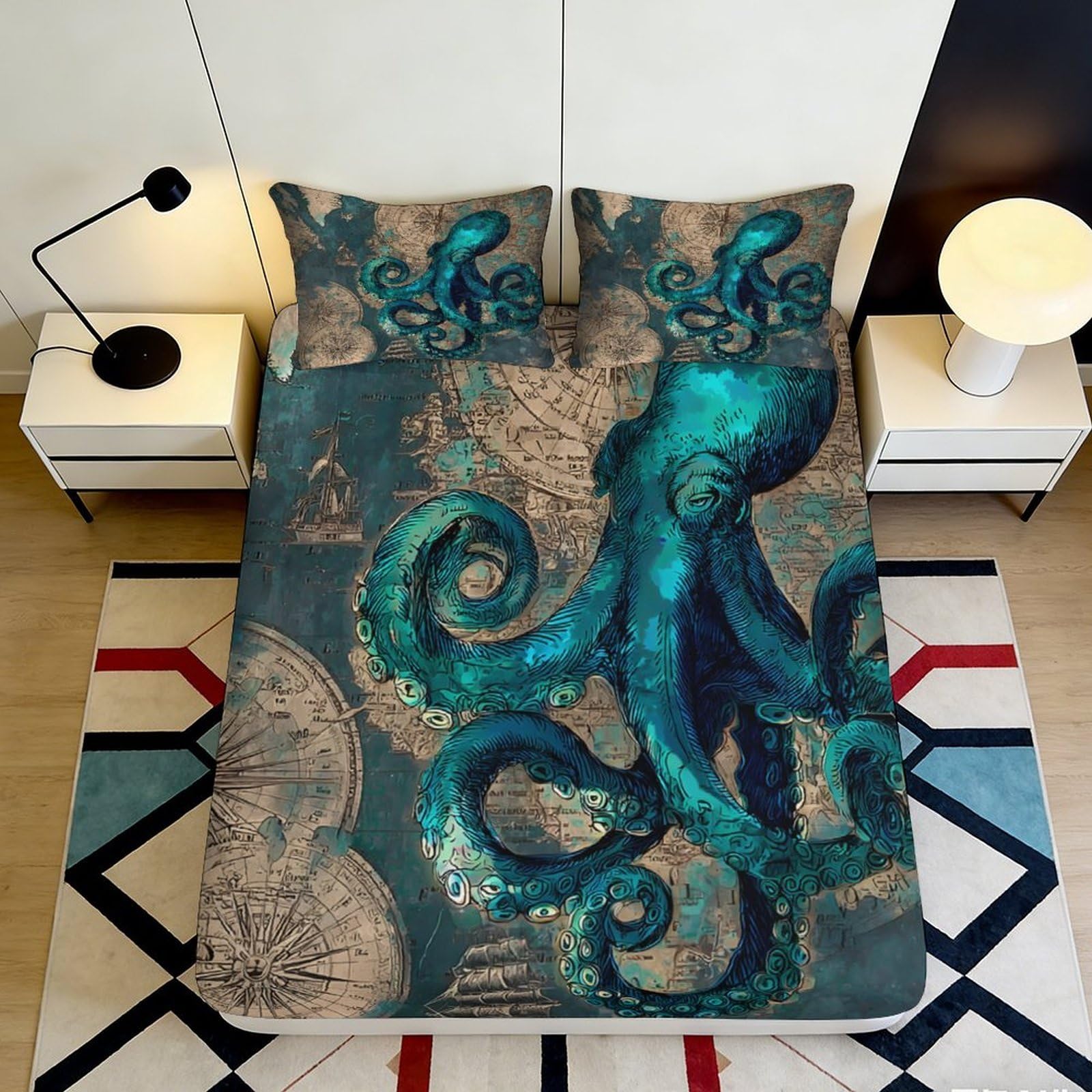 3D Printed Ocean Octopus Fitted Sheet Microfiber Deep Pocket Bedroom Bedding Octopus Mattress Fitted Cover Non-Slip 180x200x25cm