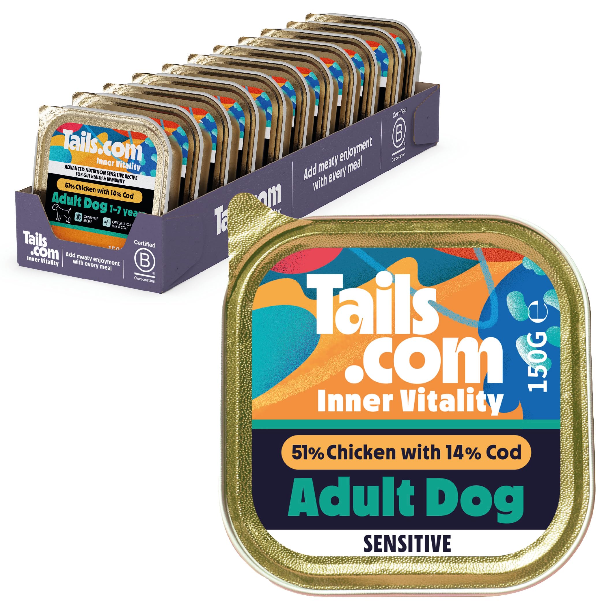 Tails.com • Wet Dog Food 11 x 150g • Sensitive Chicken & Cod • Adult 1-7 years • Grain Free Recipe • Made with natural ingredients • Contains Omega 3 to Support Skin and Coat — image 1