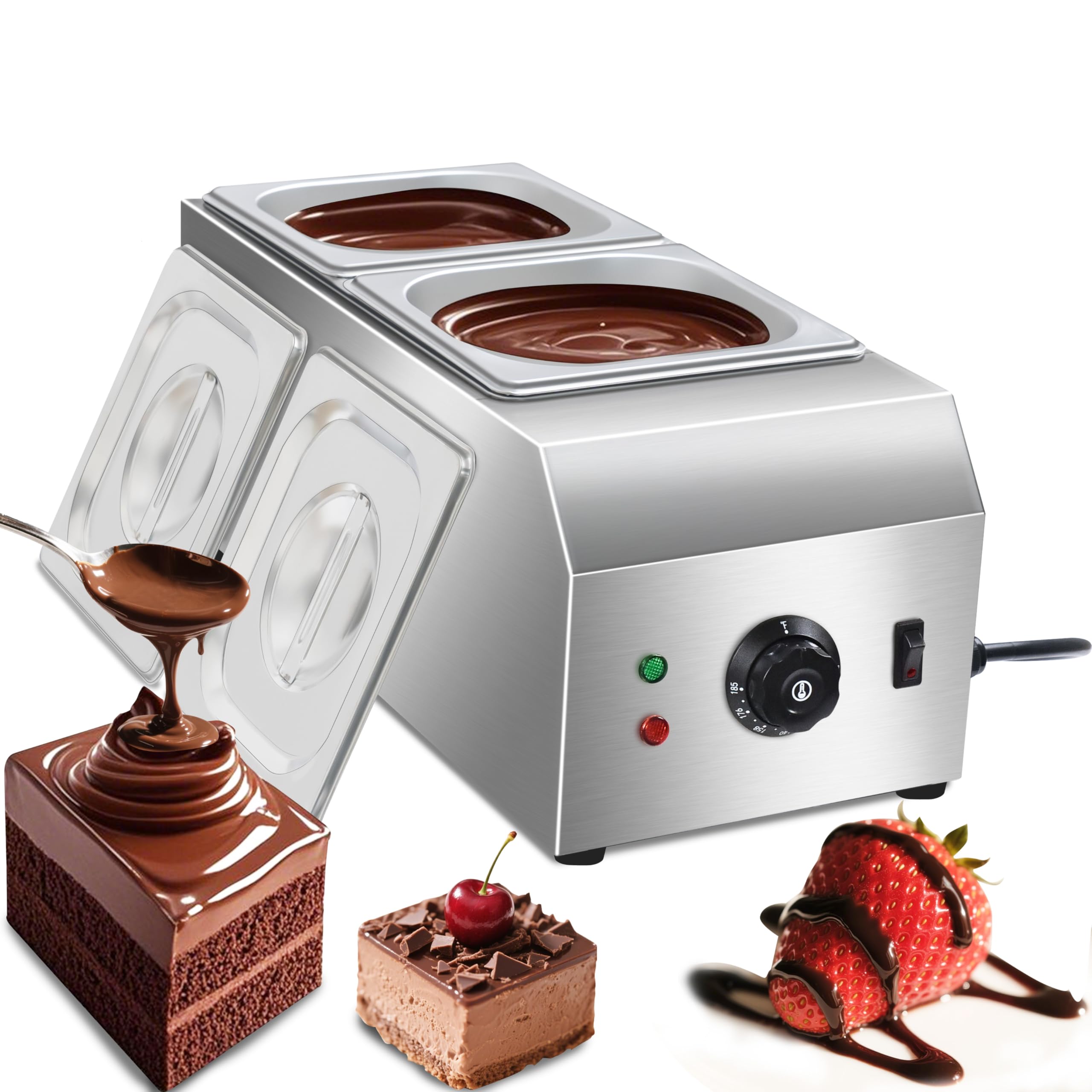 110V chocolate tempering machine,Cheese melting machine,9 Lbs 2 Tanks Chocolate Melting Pot with Temp Control,Stainless Steel,1000W Electric Commercial chocolate/Sauce Warmer pot.