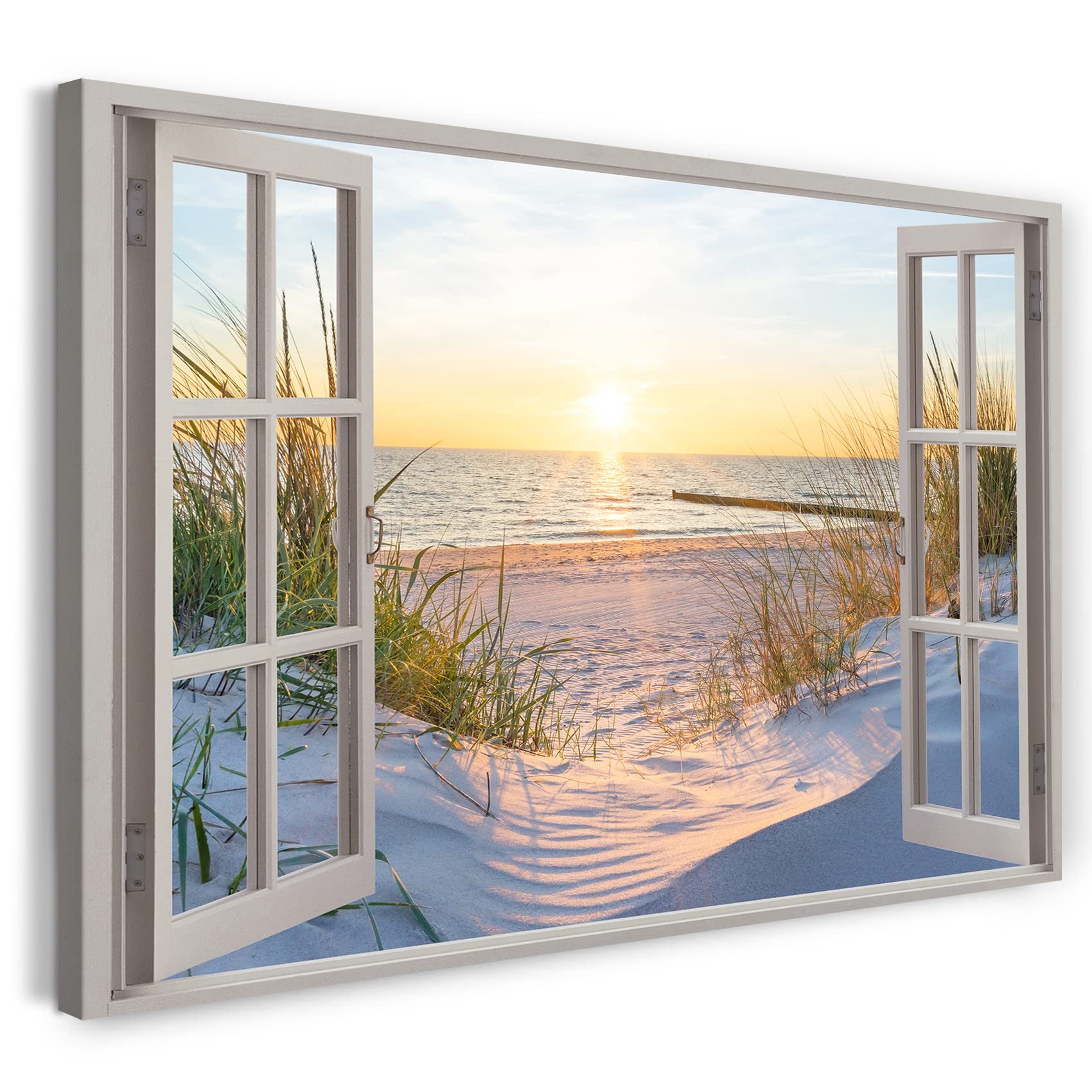 Print on Canvas (100x70 cm) view from the window - beach, sea, sand, sunset holiday, nature photography, real wood frame with hook