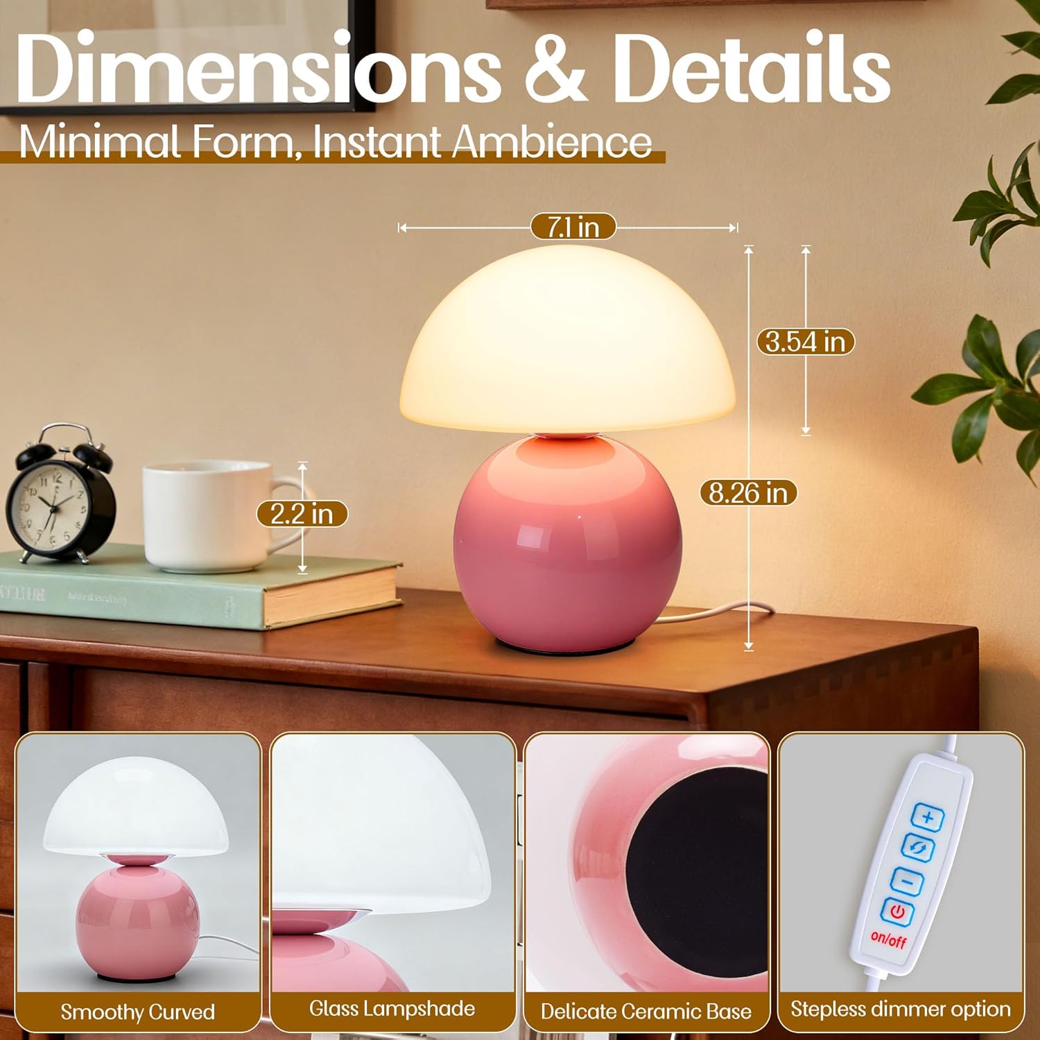Cute Small Mushroom Lamp Decor,USB-Plug in Bedside Table Lamps with 3-Temperature LED Bulb Dimmable,Modern Aesthetic Home Decor for Livingroom/Bedroom/Dorm/Nursery (Pink with Plug)