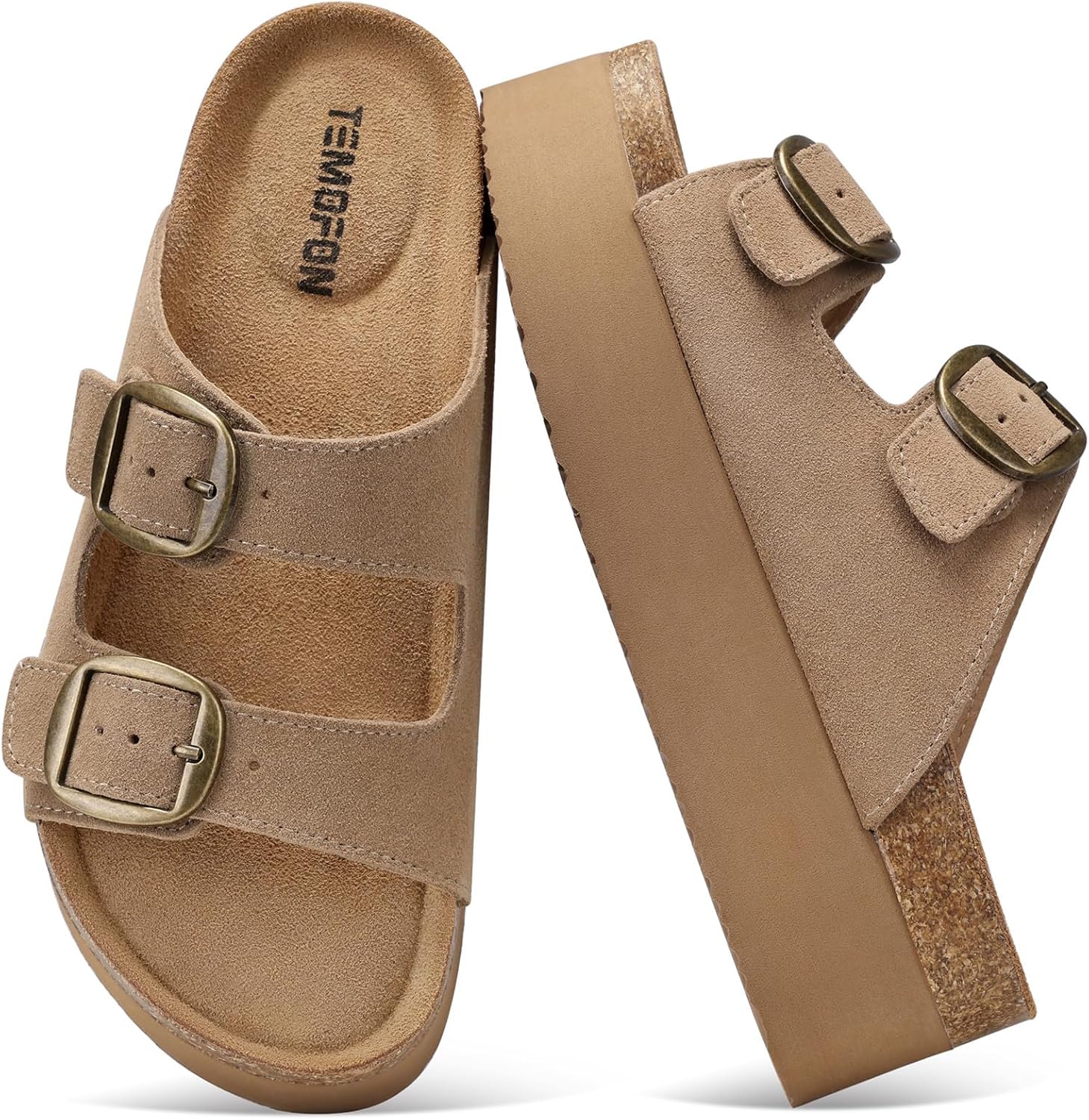 TEMOFON Platform Sandals Women Comfortable: Arch Support Memory Foam Wedge Sandals Genuine Suede Cork Footbed Slip on Summer Beach Women Footwear 2026