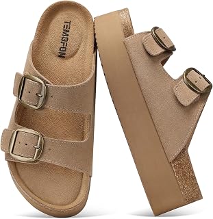 TEMOFON Platform Sandals Women Comfortable: Arch Support Memory Foam Wedge Sandals Genuine Suede Cork Footbed Slip on Summer Beach Women Footwear 2026