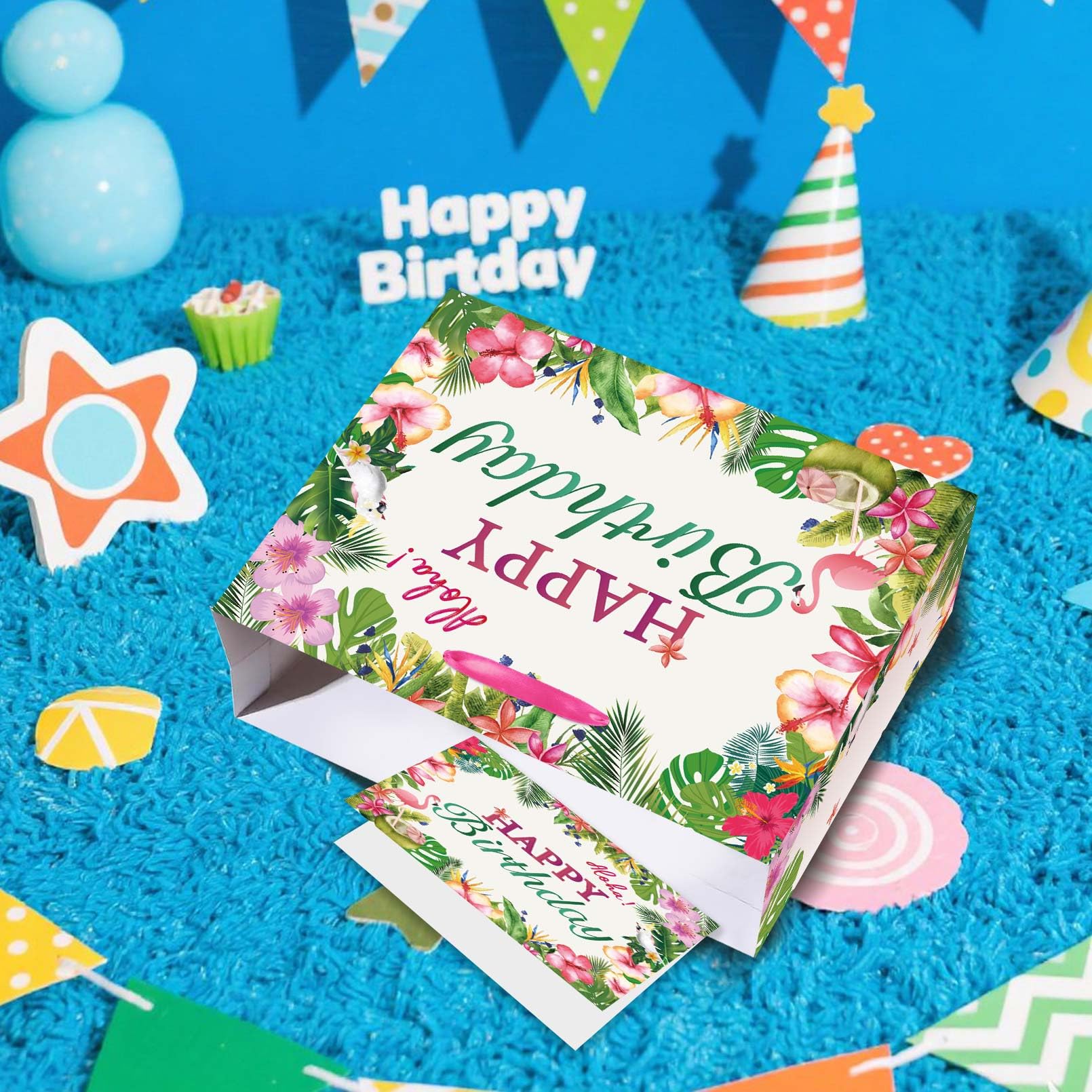 EIGHTSTATES Hawaiian Birthday Gift Bag Large Aloha Happy Birthday Party Decorations - Tropical Summer Beach Pool Party Favor Supplies - Includes Tissue Papers & Greeting Card - Luau Theme Gift Bags