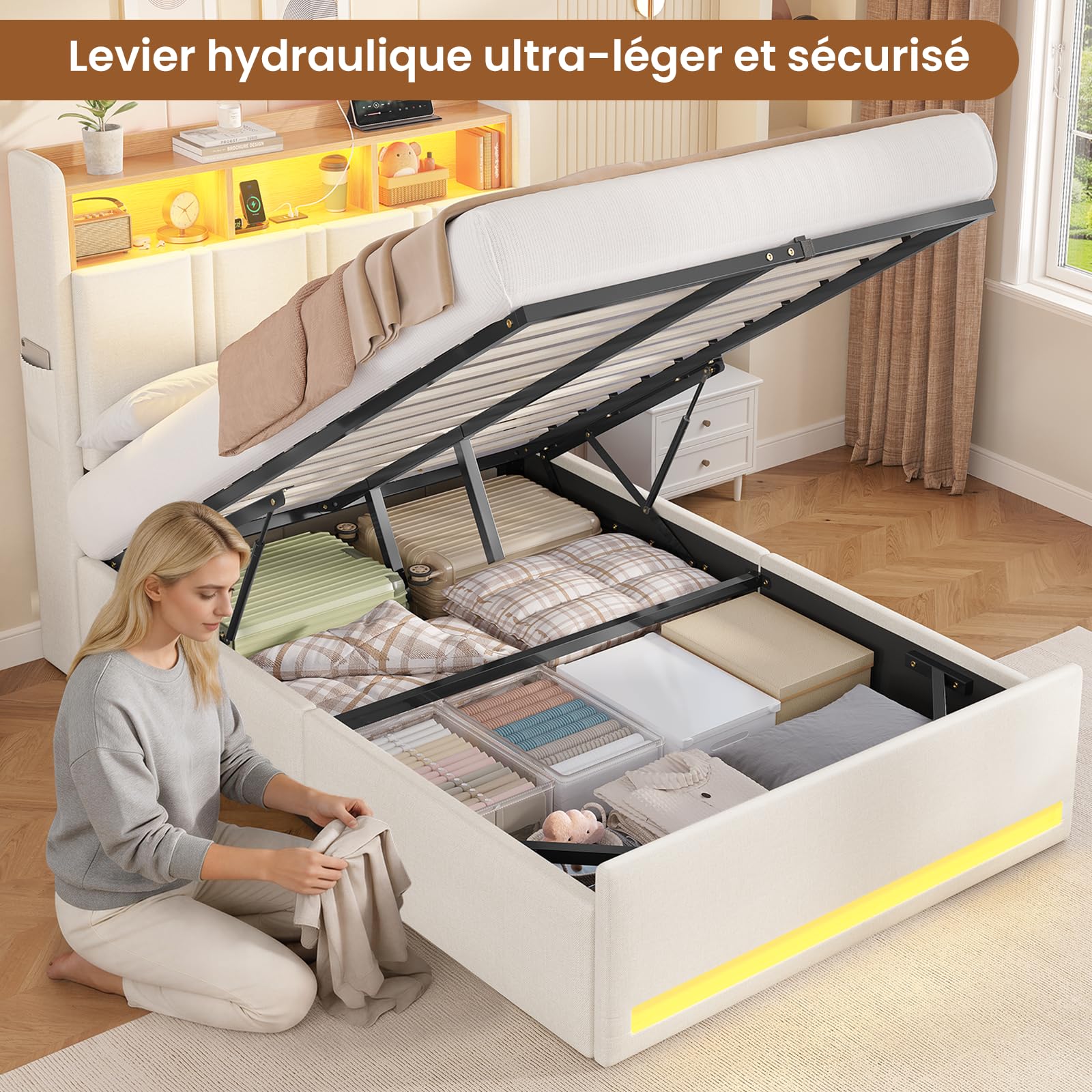 AOGLLATI Letto Singolo con Contenitore Idraulico 90x200 cm, Letto Singolo Imbottito con Ampio Spazio di Stivaggio, Struttura Letto Contenitore con Luci a LED Regolabili e Stazione di Ricarica, Beige