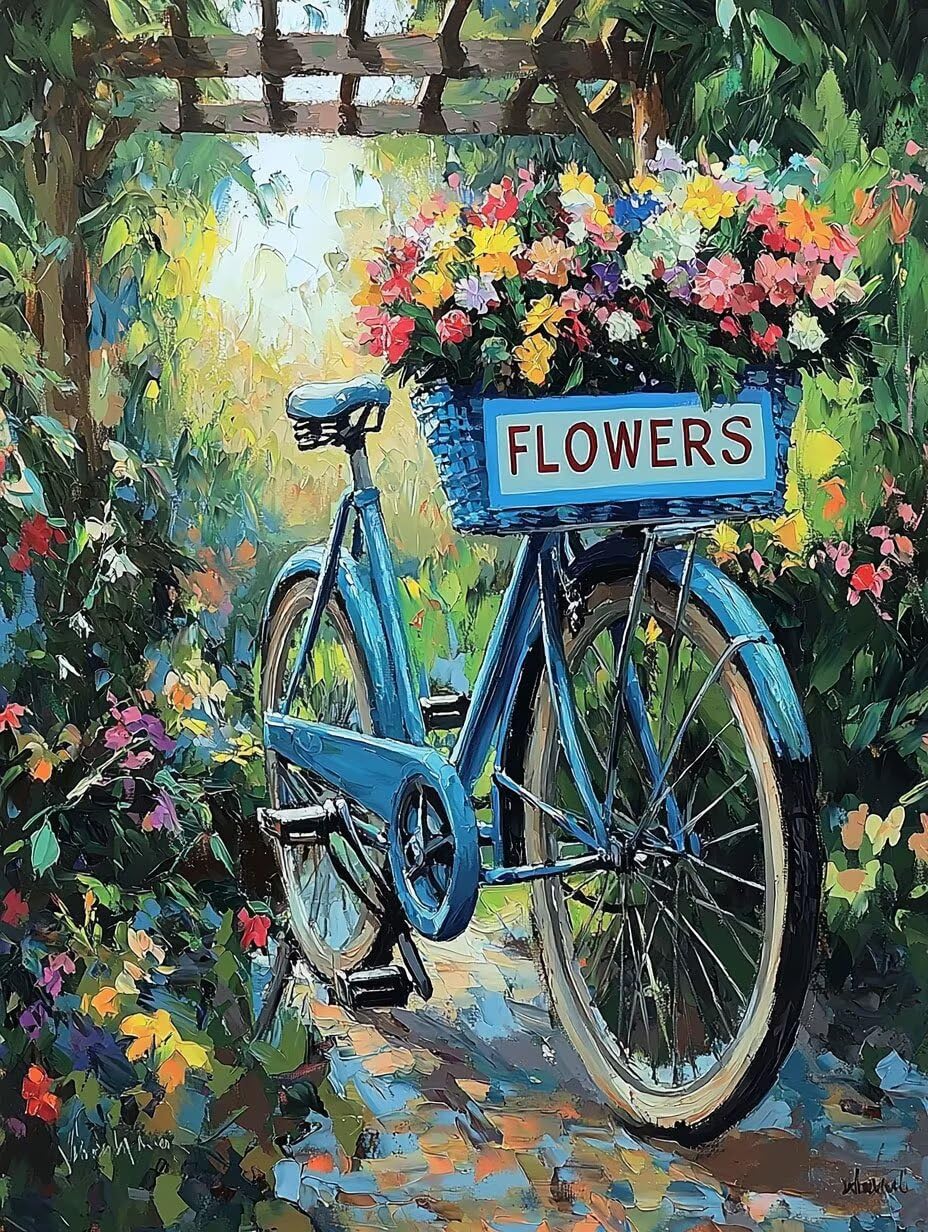 WEISHIWE Malen nach Zahlen Erwachsene Blumen mit Fahrrad, 70x90cm x-442 | Malen nach Zahlen Erwachsene Leinwand Kit, DIY Handgemalt Ölgemälde Set mit 3-Pinseln und Acrylfarbe für Wanddeko,Ohne Rahmen