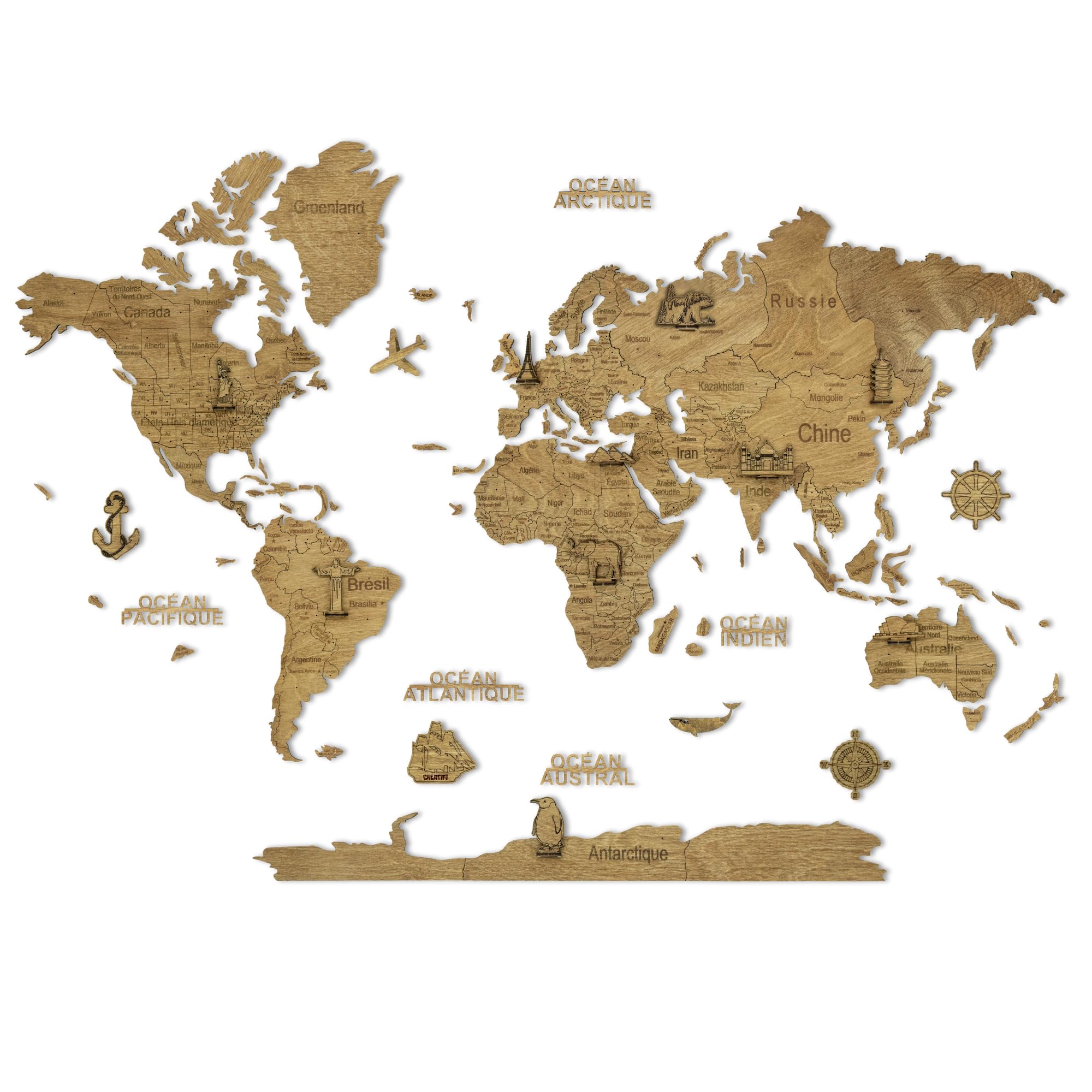 Creatifwood Mapa de Madera 2D para Pared – Mapamundi Decorativo | Planisferio de Pared | Decoración para Salón, Oficina o Dormitorio | Regalo para Viajeros (Dark, 80L x 55l cm)