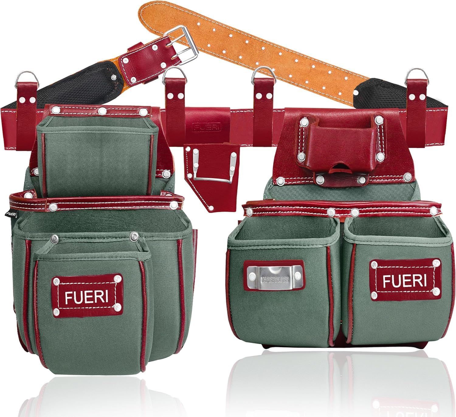 FUERI Nylon Tool Belt Bags Pouches Heavy Duty for Men Construction Carpenter Electrician Framer Work Green & Maroon