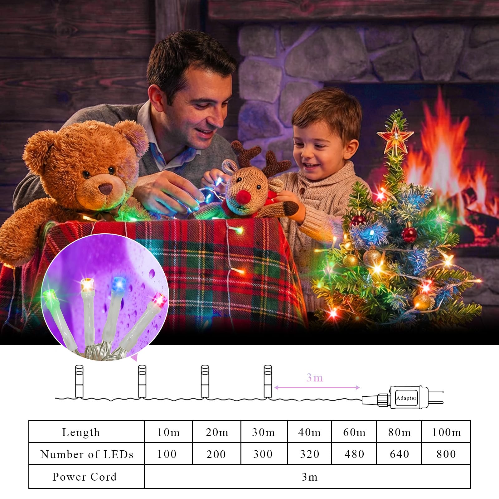Catena luminosa per interni ed esterni 100m 800 LED, 31 V con timer, 8 modalità, funzione di memoria, impermeabile IP44, lucine per decorazioni natalizie, Giardino, Stanza, bianco freddo