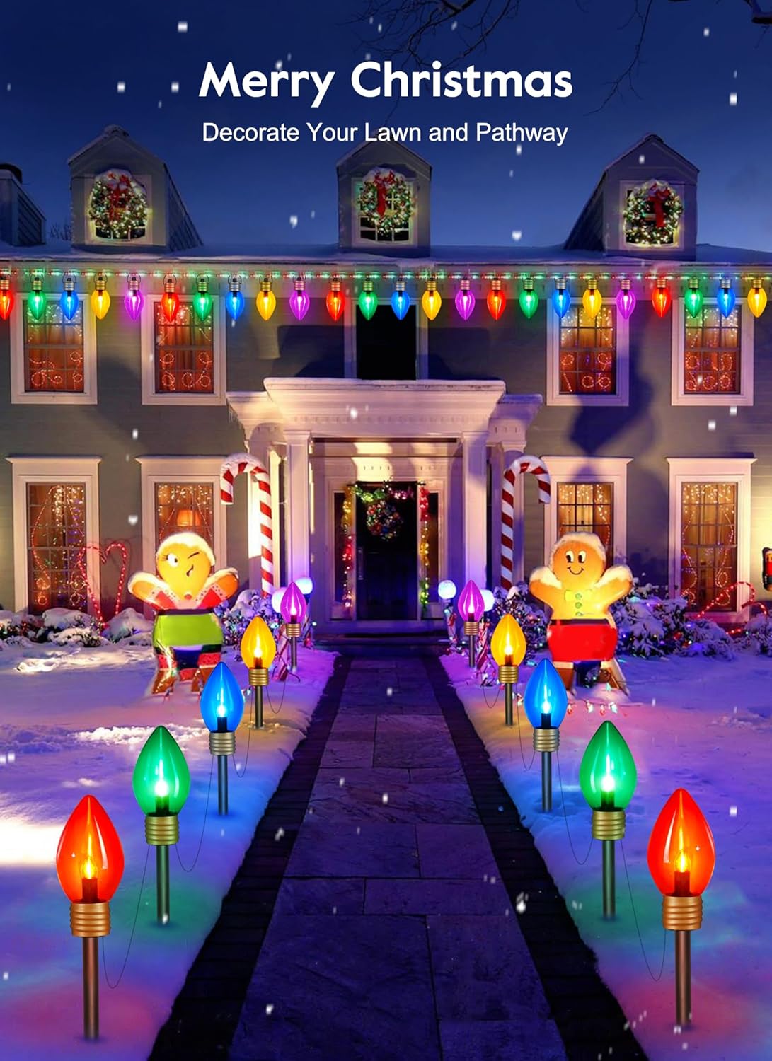 Christmas Lights Jumbo C9 Outdoor Lawn Decorations with Pathway Marker Stakes, 2 Pack 8.5 Feet String Lights Covered Jumbo Multicolored Light Bulb for Holiday Outside Yard Garden Decor, 10 Lights