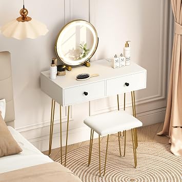 COSTWAY Dressing Table with 360  Rotation LED Mirror and Stool, Makeup Table Vanity Desk Set with Charging Station, 3-Color Lights, Adjustable Brightness & 2 Drawers for Bedroom White+Gold