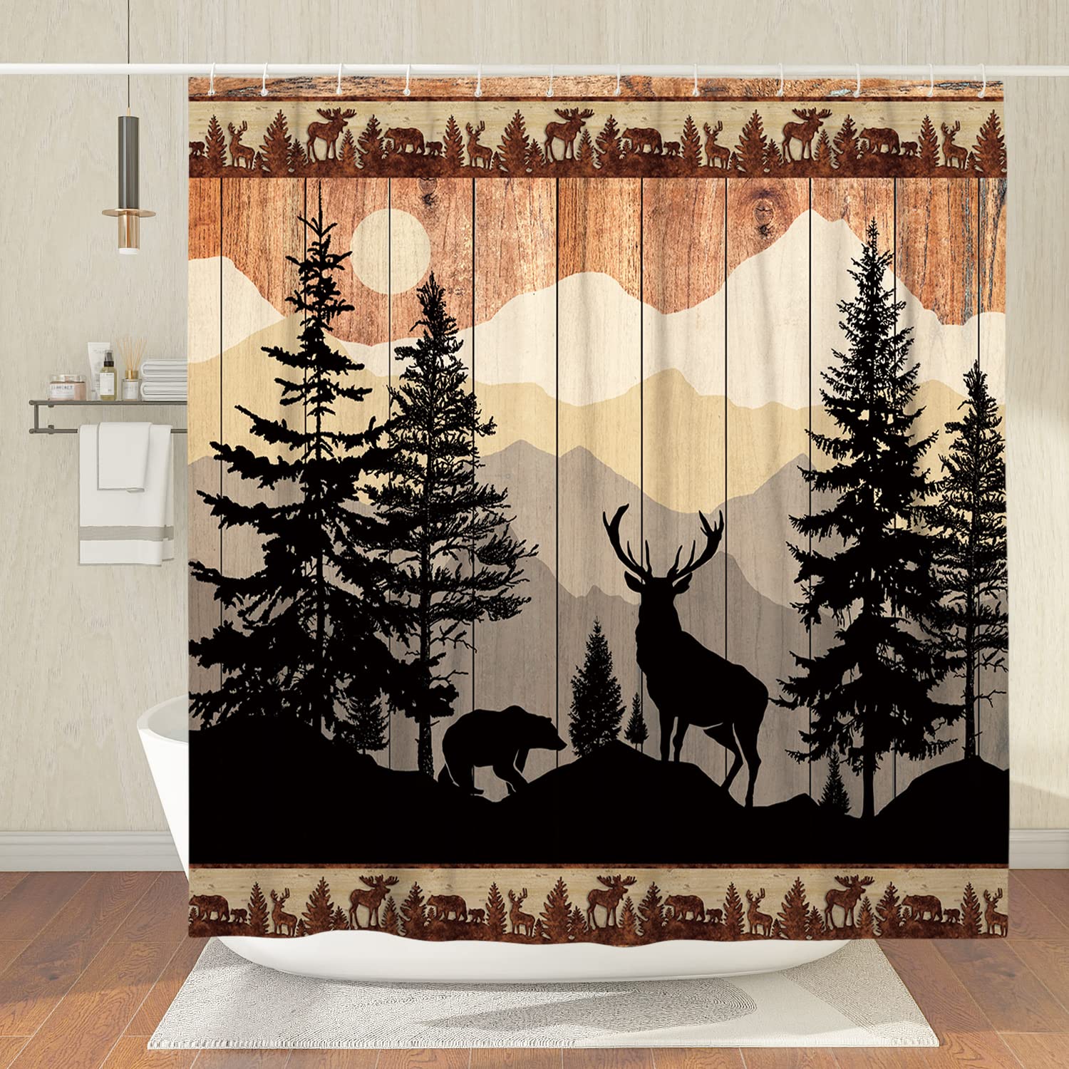 Witzest Rustic Bear Deer Shower Curtain Set Forest Woodland Cabin Shower Curtains for Bathroom Farmhouse Country Lodge Bathroom Decor Polyester Fabric