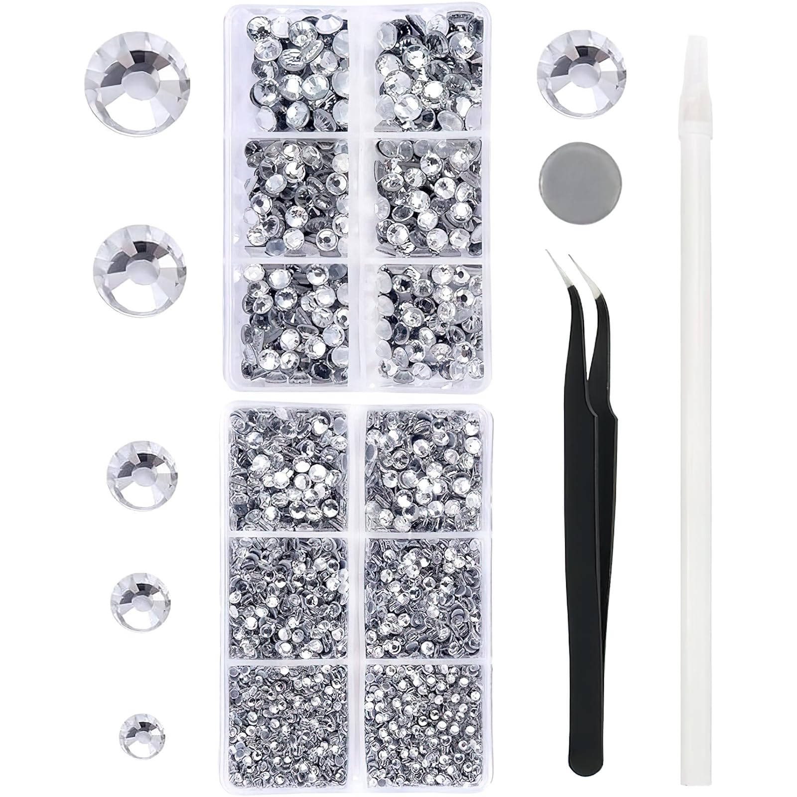 6616 pcs Strass transparents adhésifs à chaud diamants en cristal pour tissus d'habillement, chemises, dos plat, avec pince à épiler et stylo (SS6 ~ SS30)