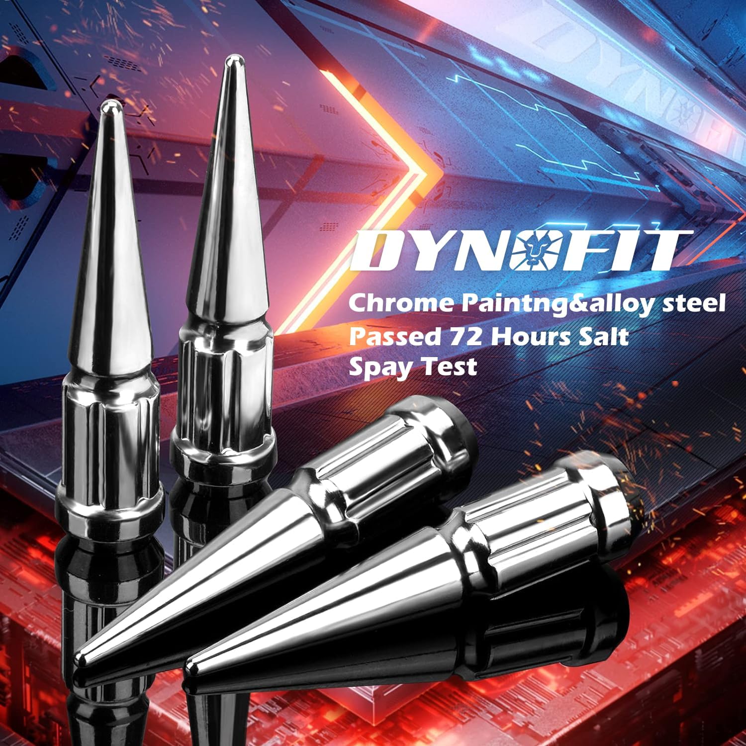 DYNOFIT 12x1.5 Spike Lug Nuts, 3.35 inch Tall Closed End Nuts with 1 Socket Key Compatible with Acura Honda Chevy Hyundai Toyota Lexus Mitsubishi(20PCS+4PCS,Chrome)