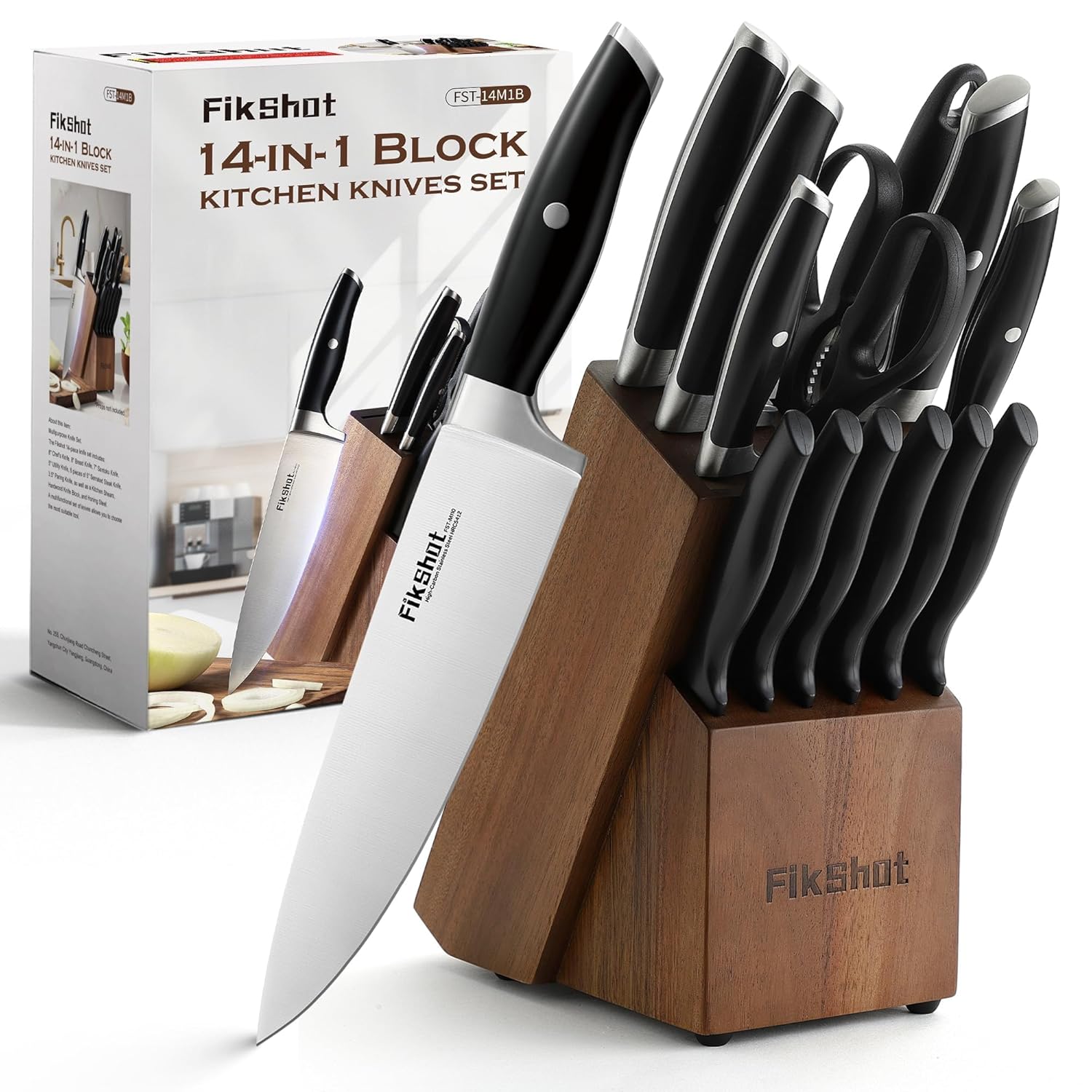 Knife Set 14-Piece Ultra-Sharp Full Tang Chef Knives with Block and Sharpener High-Carbon Steel Black Handle for Kitchens