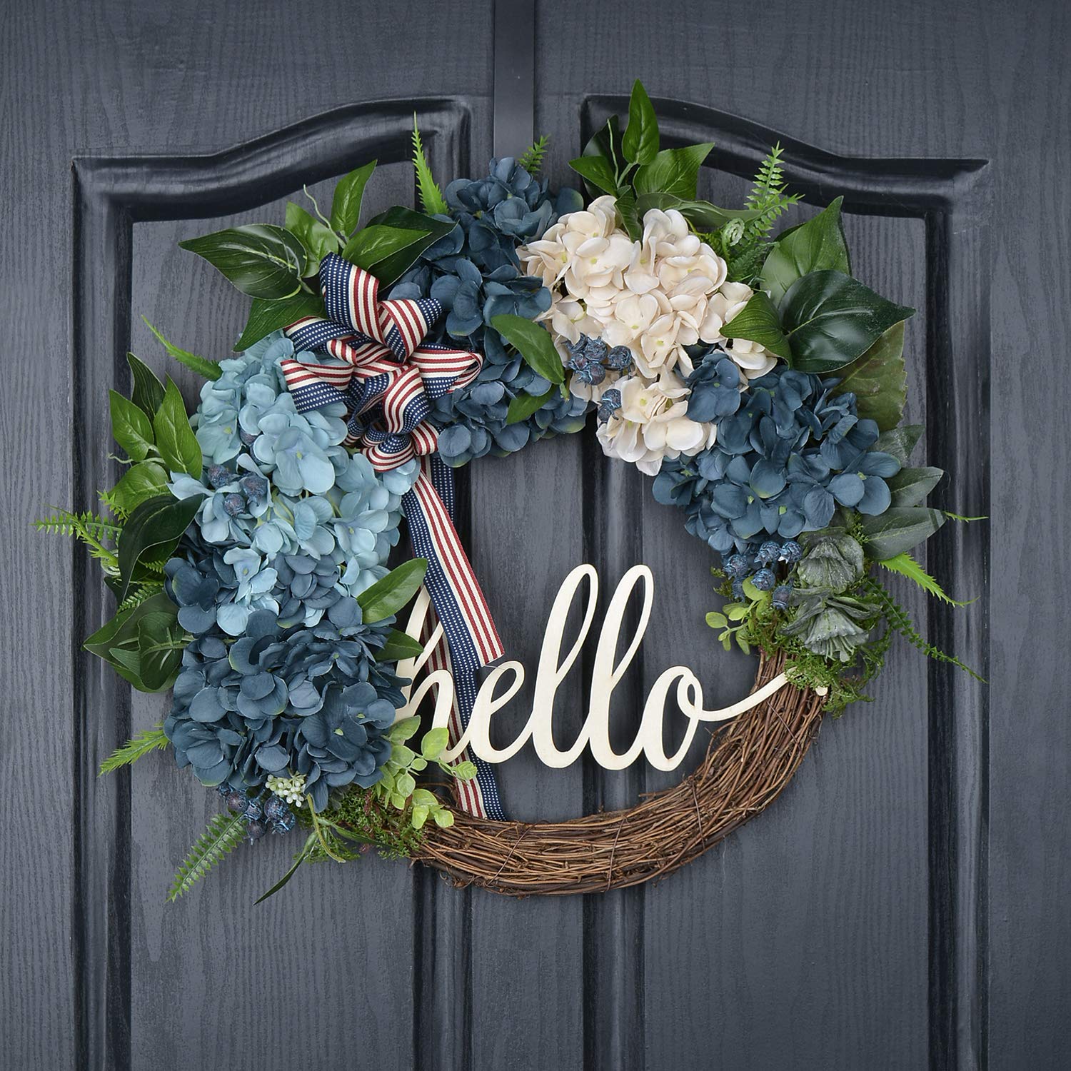 QUNWREATH Handmade 18 inch Blue Hydrangea Wreath,Green Leaf,Hello Letter,Gifts Package,Free Hooks,Front Door Rustic Wreath,Farmhouse Wreath,Grapevine Wreath,Light up Wreath,Everyday Wreath,QUNW77