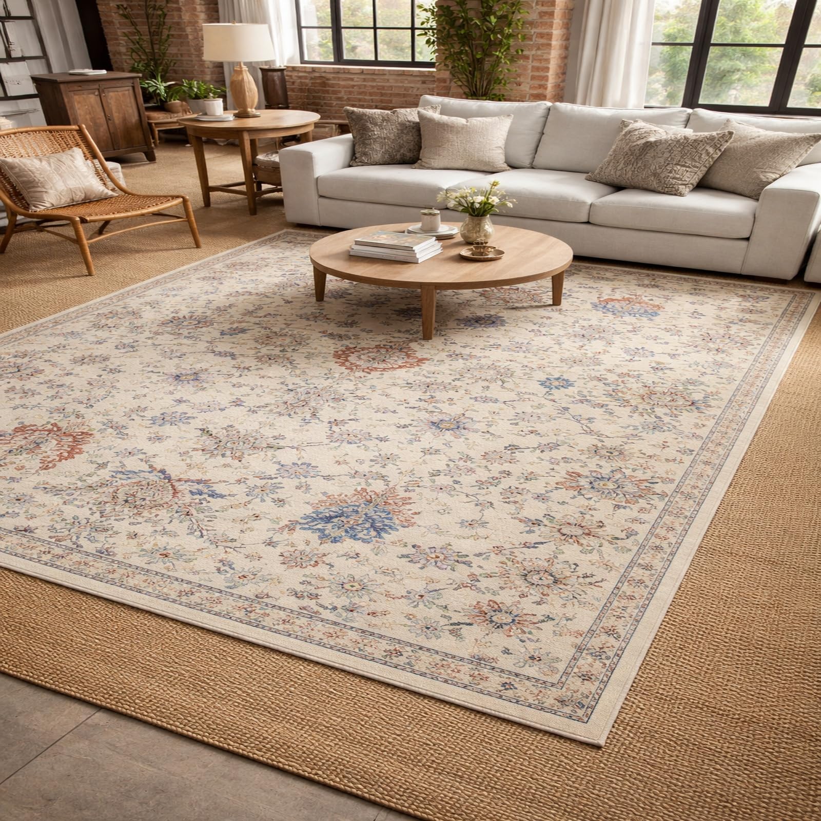 Tapis salon fleurs vintage antidérapant carré 150x150 lavable