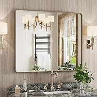 Vista 90 de Espejo de baño negro de 20x30 pulgadas con marco de metal negro, espejo de tocador rectangular redondeado con acabado mate para pared, con vidrio