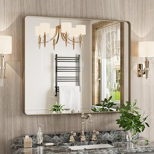 Miniatura 326 de Espejo de baño dorado, 48 x 30 pulgadas, espejo de marco de metal dorado cepillado para pared, espejo rectangular redondeado de tocador de baño