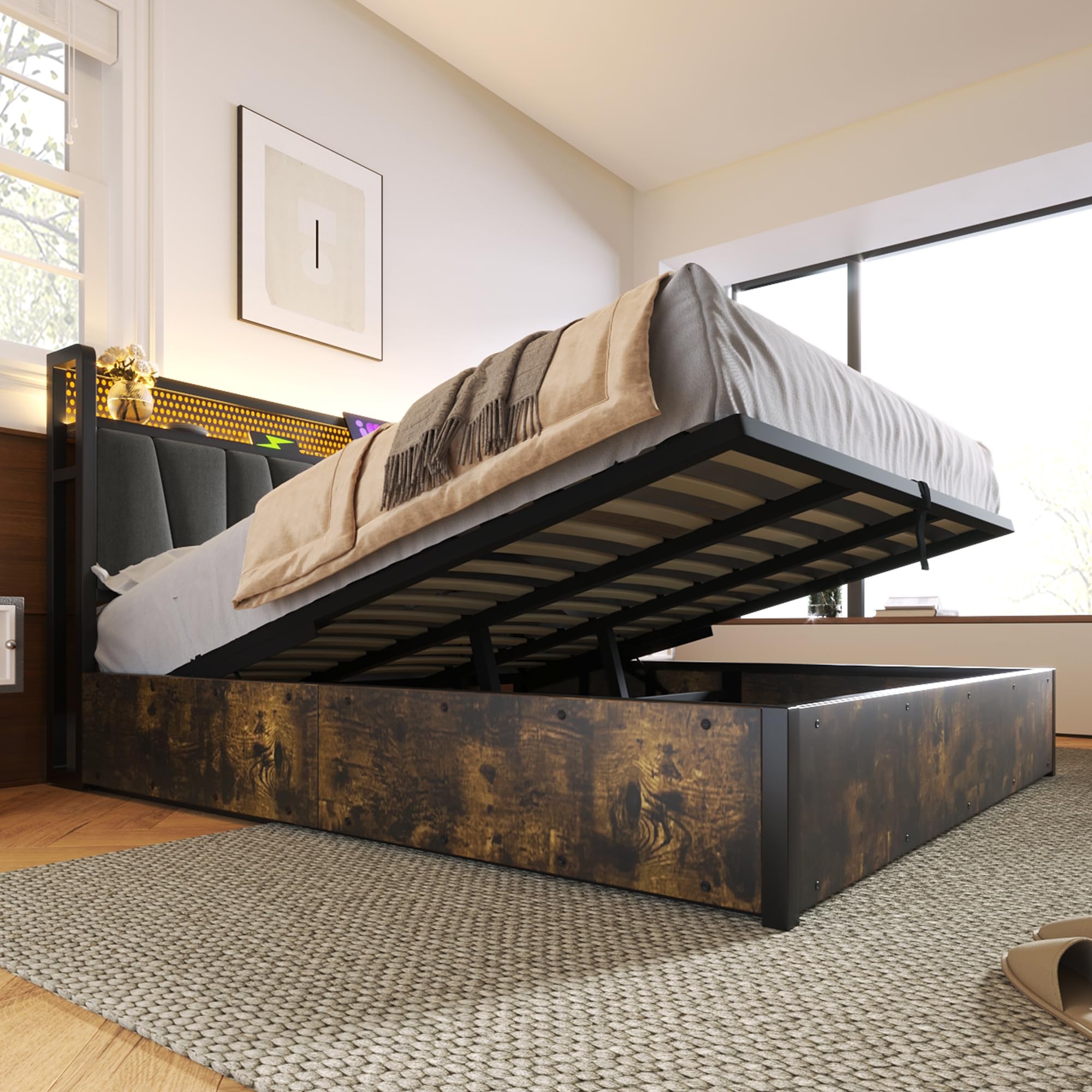 Rtopsu Letto Imbottito Letto Matrimoniale 180x200 con Illuminazione LED e USB Testata, Letti con Contenitore, Struttura del Letti con Telai in Metallo e Doghe in Legno, Lino, Grigio, Senza Materasso