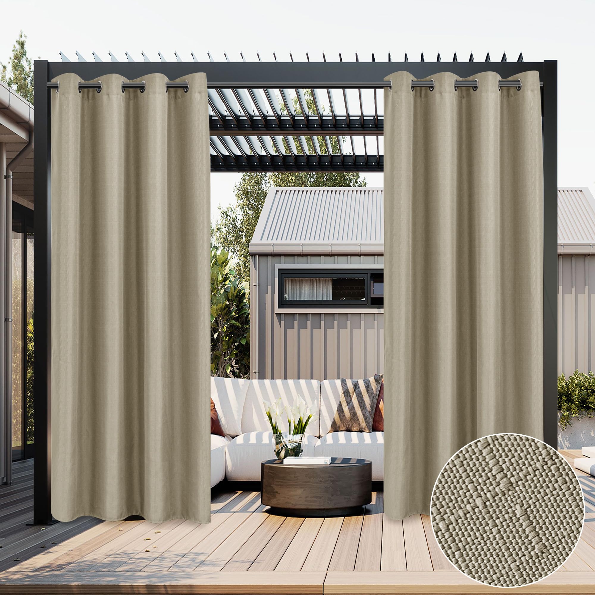HolidayIdeas 2 Panels Linen Outdoor Curtains for Patio Waterproof Taupe Curtains 54"x 95"-Outside Curtains Weatherproof, Privacy, Textured for Pergola, Porch, Cabana, Gazebo