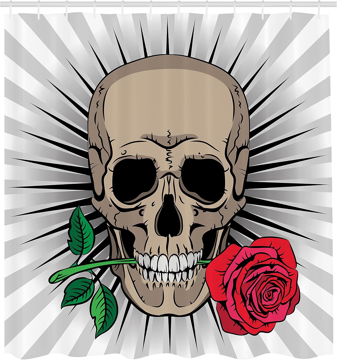 Ambesonne Skull Shower Curtain, Skull Holding a Rose in His Mouth on Striped Background Cultural Artwork, Cloth Fabric Bathroom Decor Set with Hooks, 69" W x 75" L, Black Grey Red