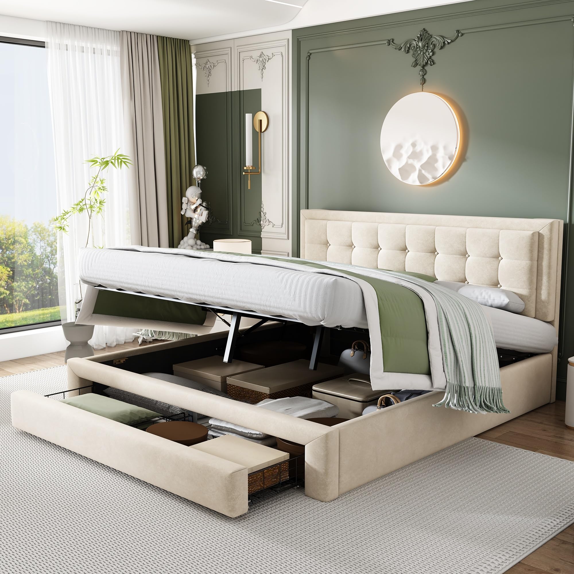 Rtopsu Letto Imbottito Letto Matrimoniale 160x200 cm, Letti con Contenitore e Cassetti, Struttura del Letti con Rete a Doghe in Legno e Telaio Idraulico in Metallo, Velluto, Beige, Senza Materasso