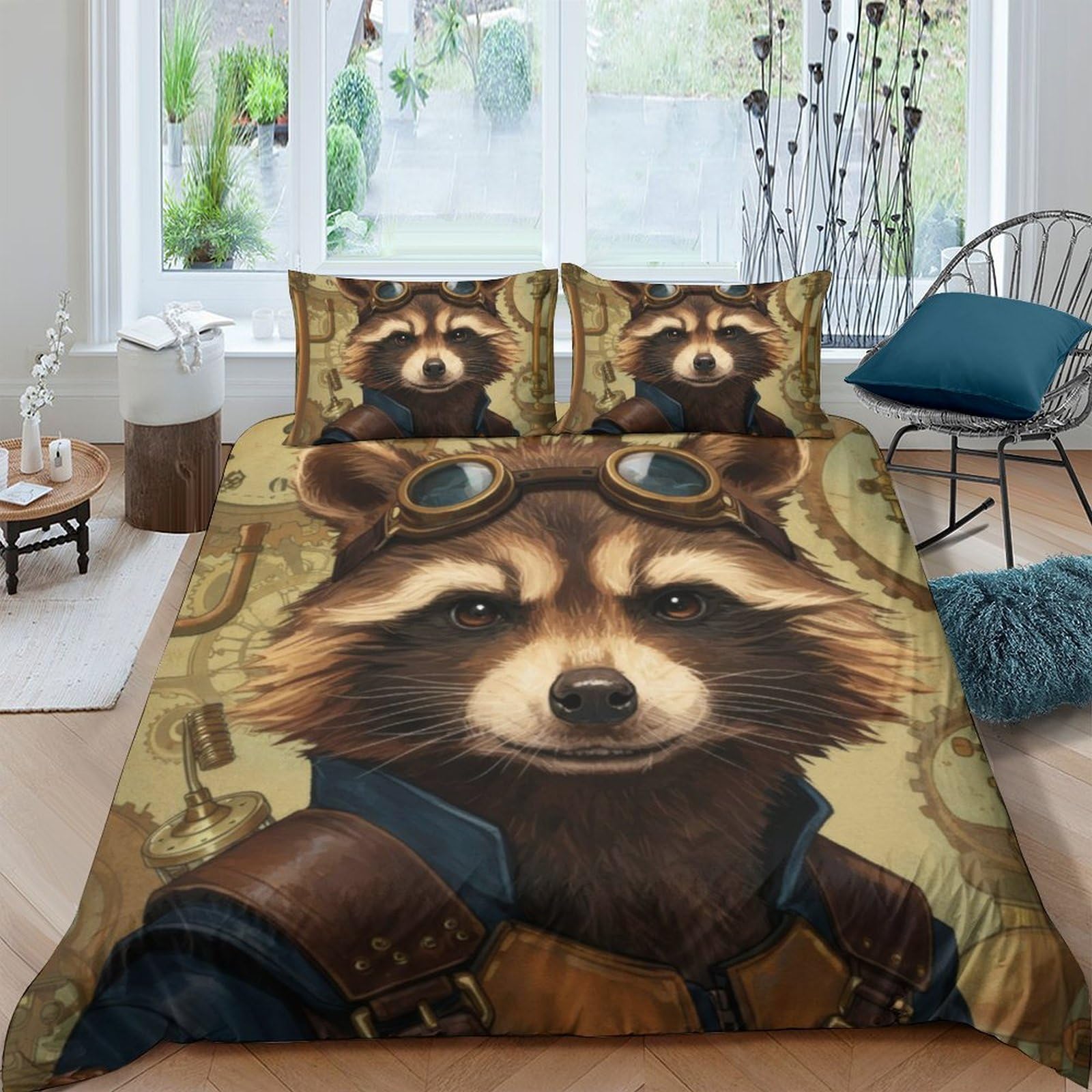 Ctjqhvkz Style-1 3D Printed Steampunk Raccoon Fitted Sheet Microfiber Soft Brown Cartoon Bed Cover Bedroom Decor Mattress Protection Single（135X200cm）