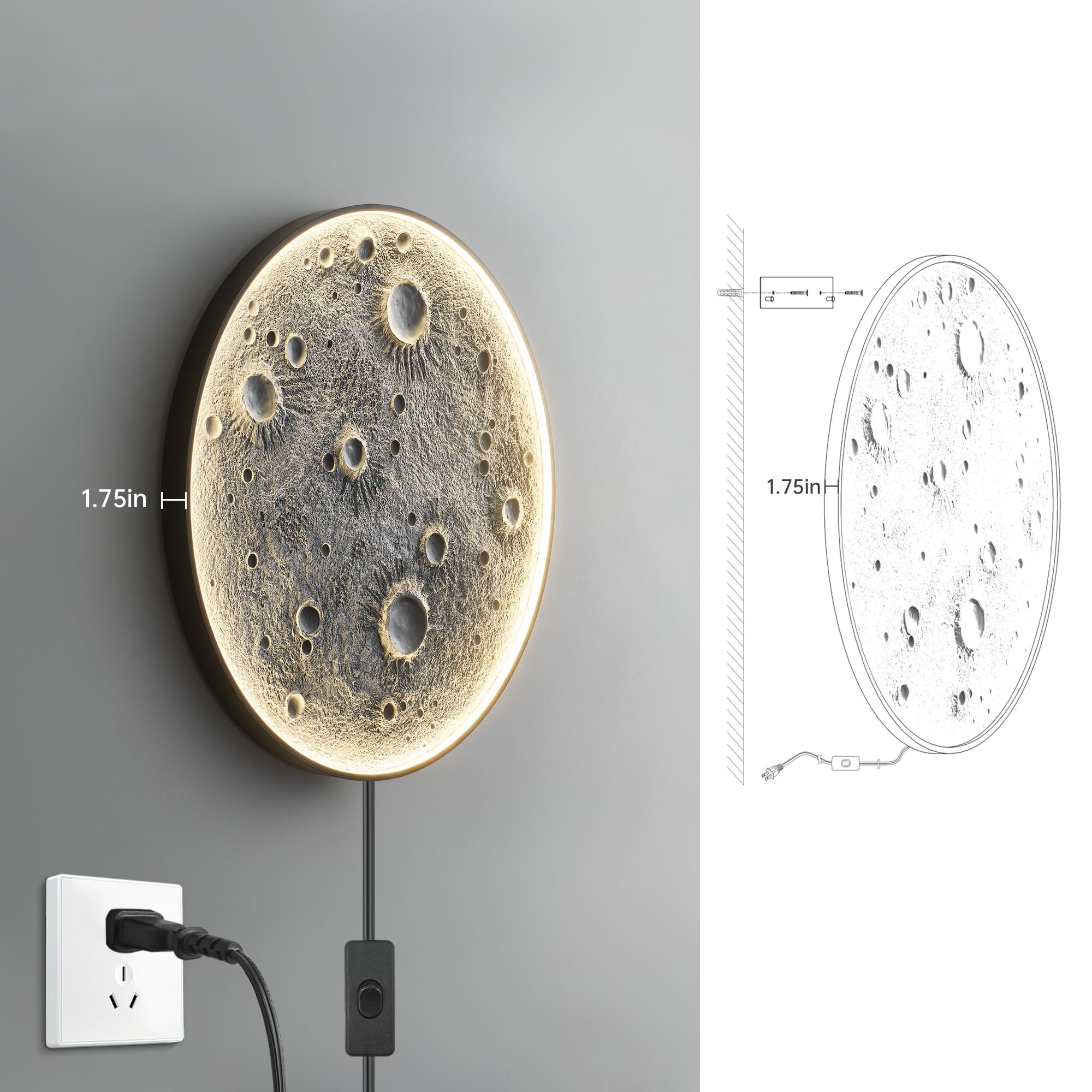 32-Inch Realistic Resin Moon Wall Lamp with Dual Brightness LED - Plug-in Dimmable Wall Light Fixture Remote Control — view 3