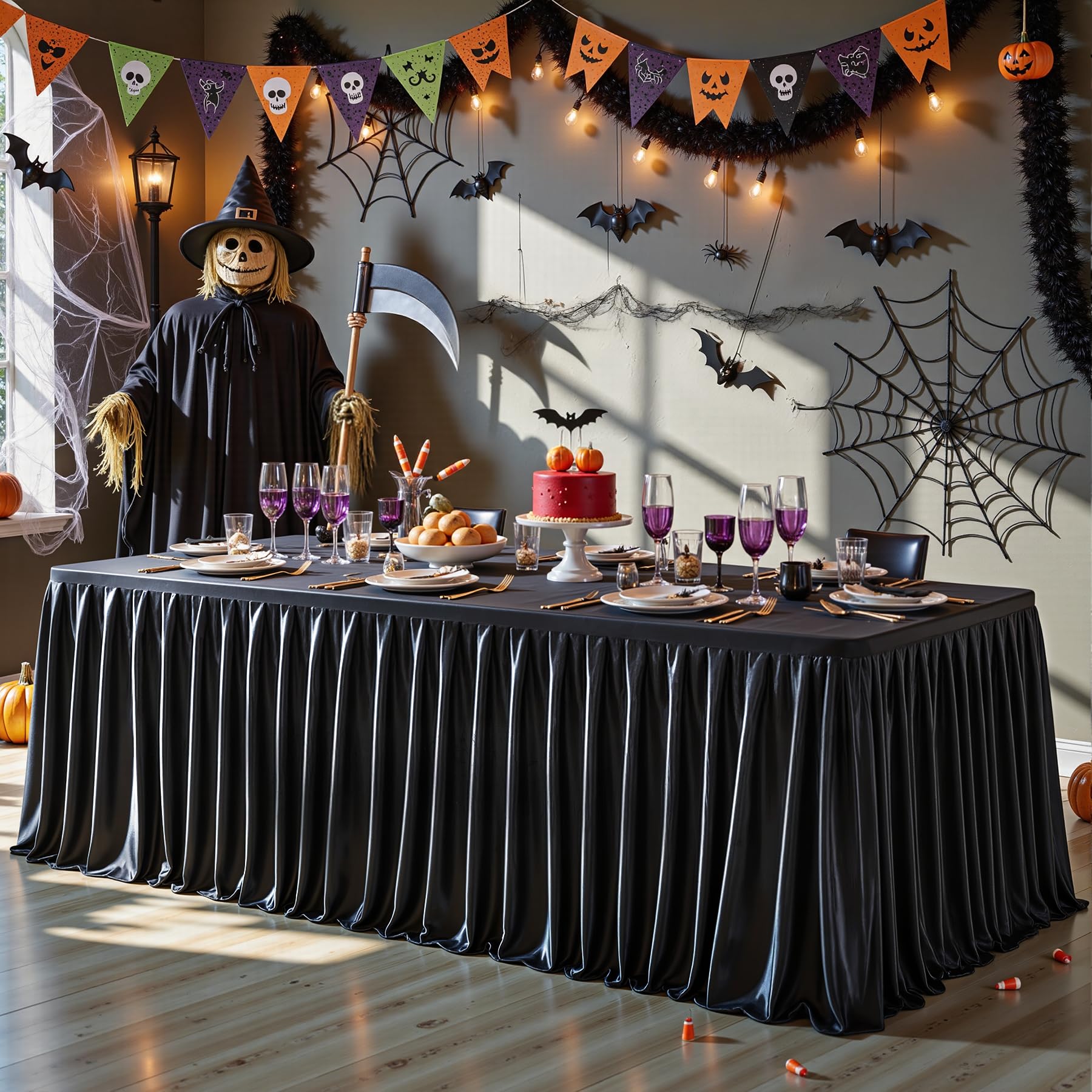 6ft Black Satin Tablecloths Rectangular - Shiny Spandex Party Table Cover with Pleated Table Skirt, No-Wrinkle & Glossy Wedding Tablecloth One-Piece for Birthday Baby Shower Banquet Ceremony & Events