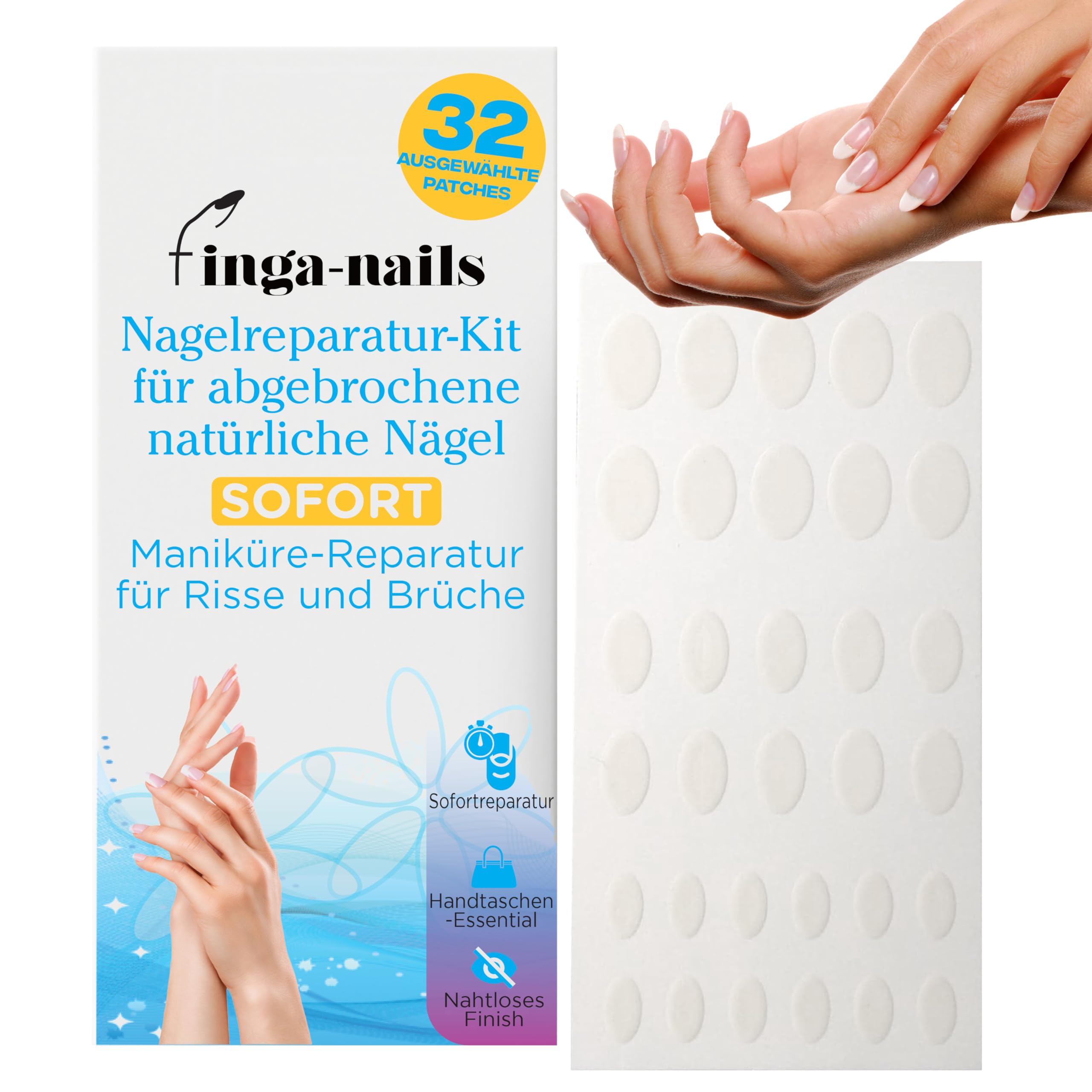 Finga-Nails 32 Nagel Klebepads zur Reparatur – Transparentes, Selbstklebendes Nagelreparaturset für Eingerissene Naturnägel – Temporärer Maniküre-Schutz für Naturnägel und Nagellack