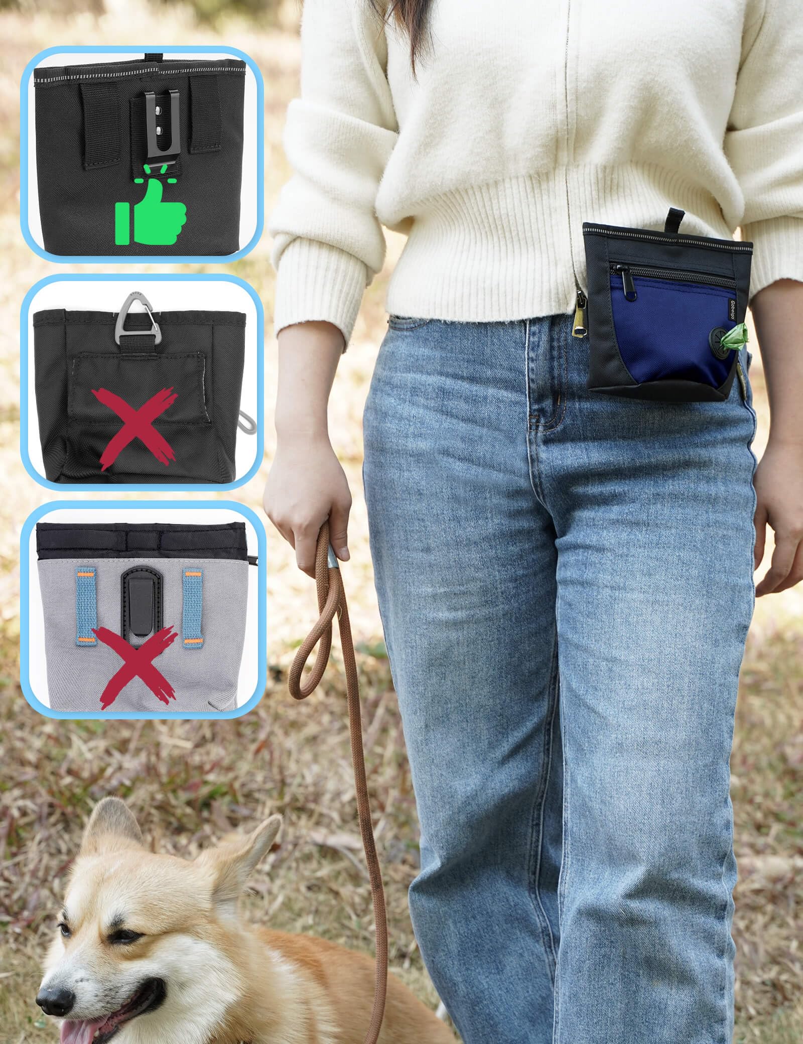 Gobeigo Pochette à friandises pour chien et clicker de dressage, deux fermetures magnétiques pour éviter les déversements, sac à friandises pour 2 tasses avec distributeur de sacs à déjections, clip
