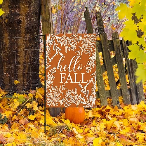 Miniatura 5 de Banderas de jardín de Acción de Gracias para decoraciones exteriores, bandera pequeña de hojas de arce con texto en inglés "Hello Fall", cosecha de