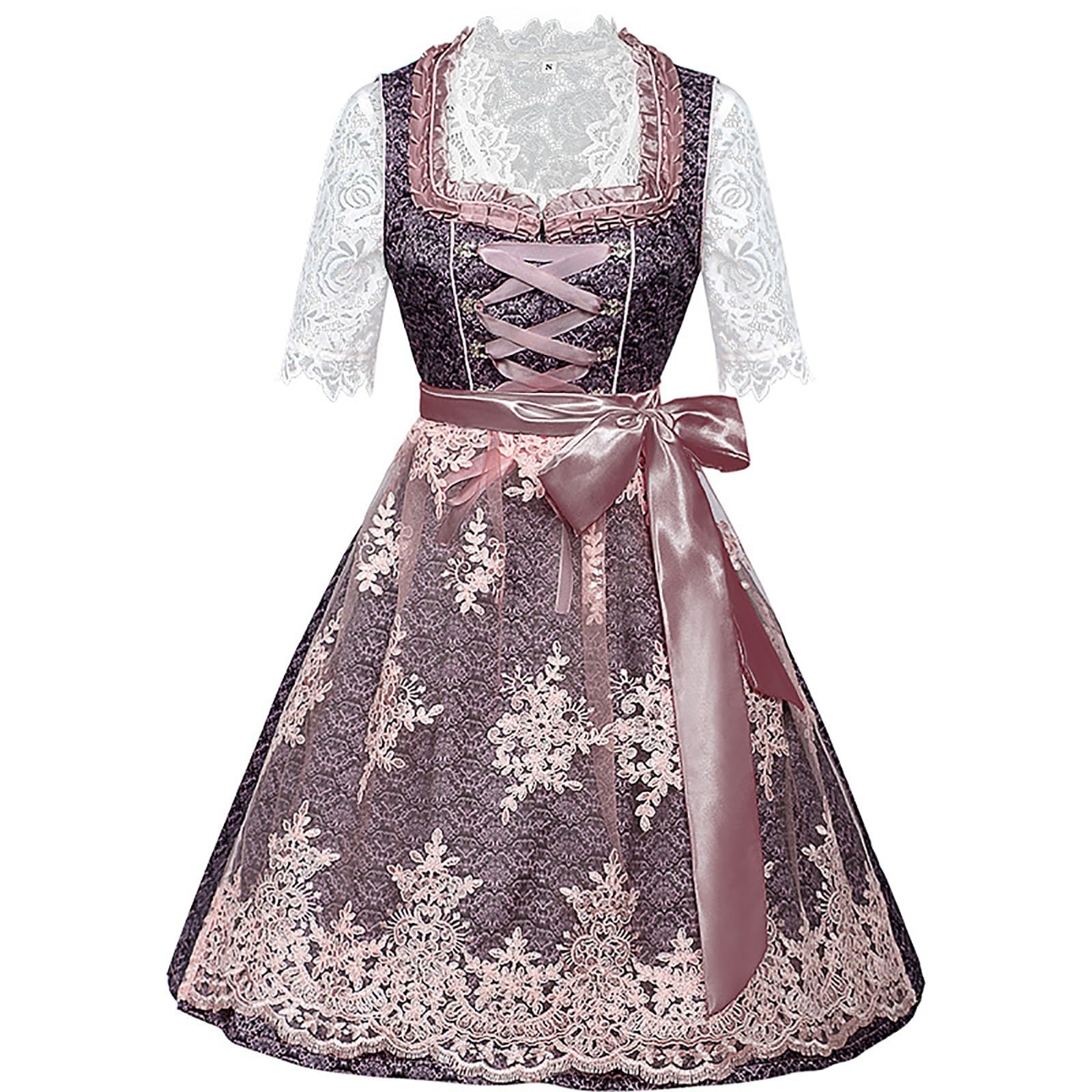 Vestito Dirndl Donna Lungo Abiti da Cerimonia Donna Vestito Bavarese per Oktoberfest Elegante per Regalare Stile al Party Abito Floreale in Pizzo con Grembiule e Stivali Tracht Cameriera