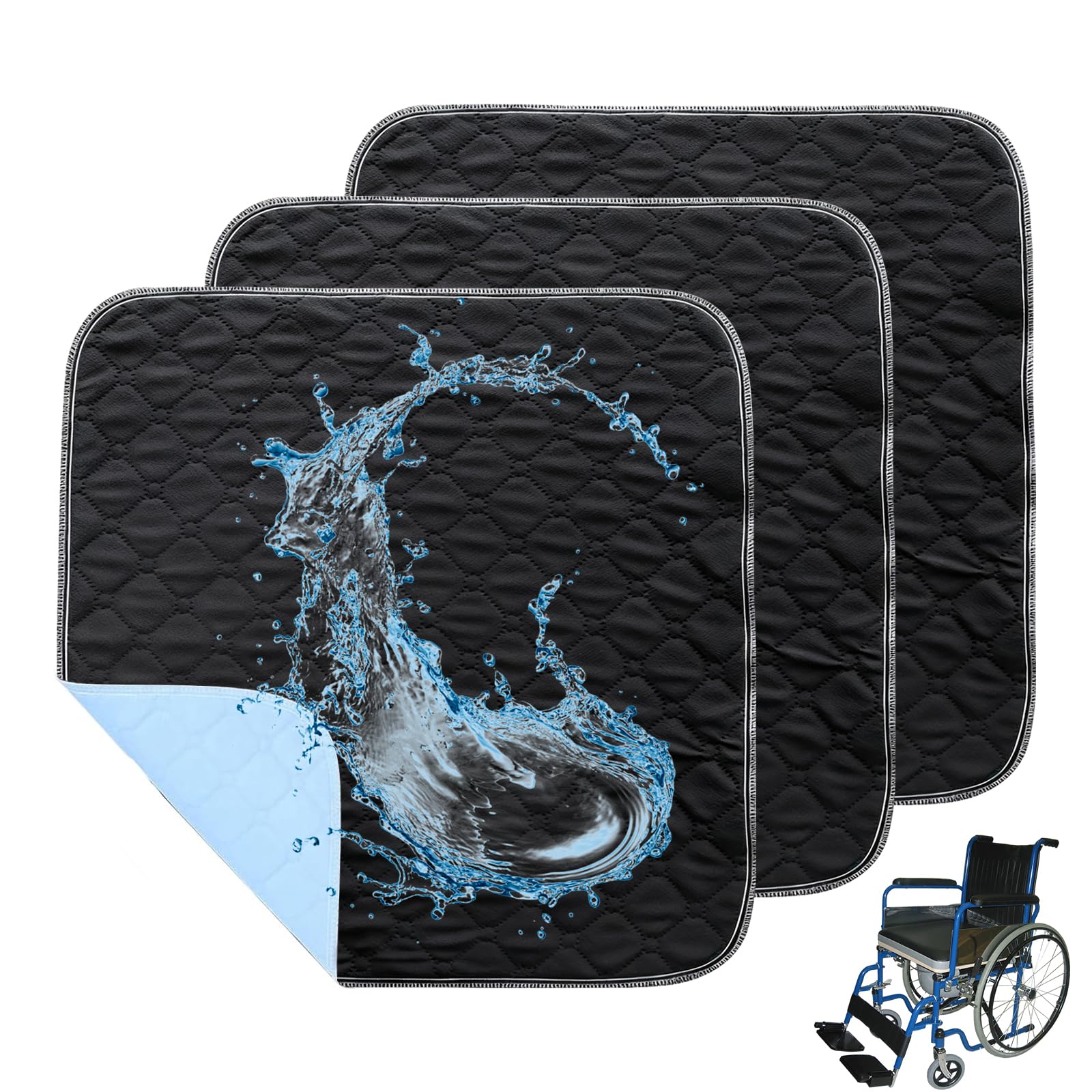 Lot de 3 Tapis d'Incontinence Lavables 50x50 cm Coussinets Incontinence Adulte Réutilisables Coussin de Protection Antidérapant pour Fauteuil Roulant, Lit, Canapé et Voiture