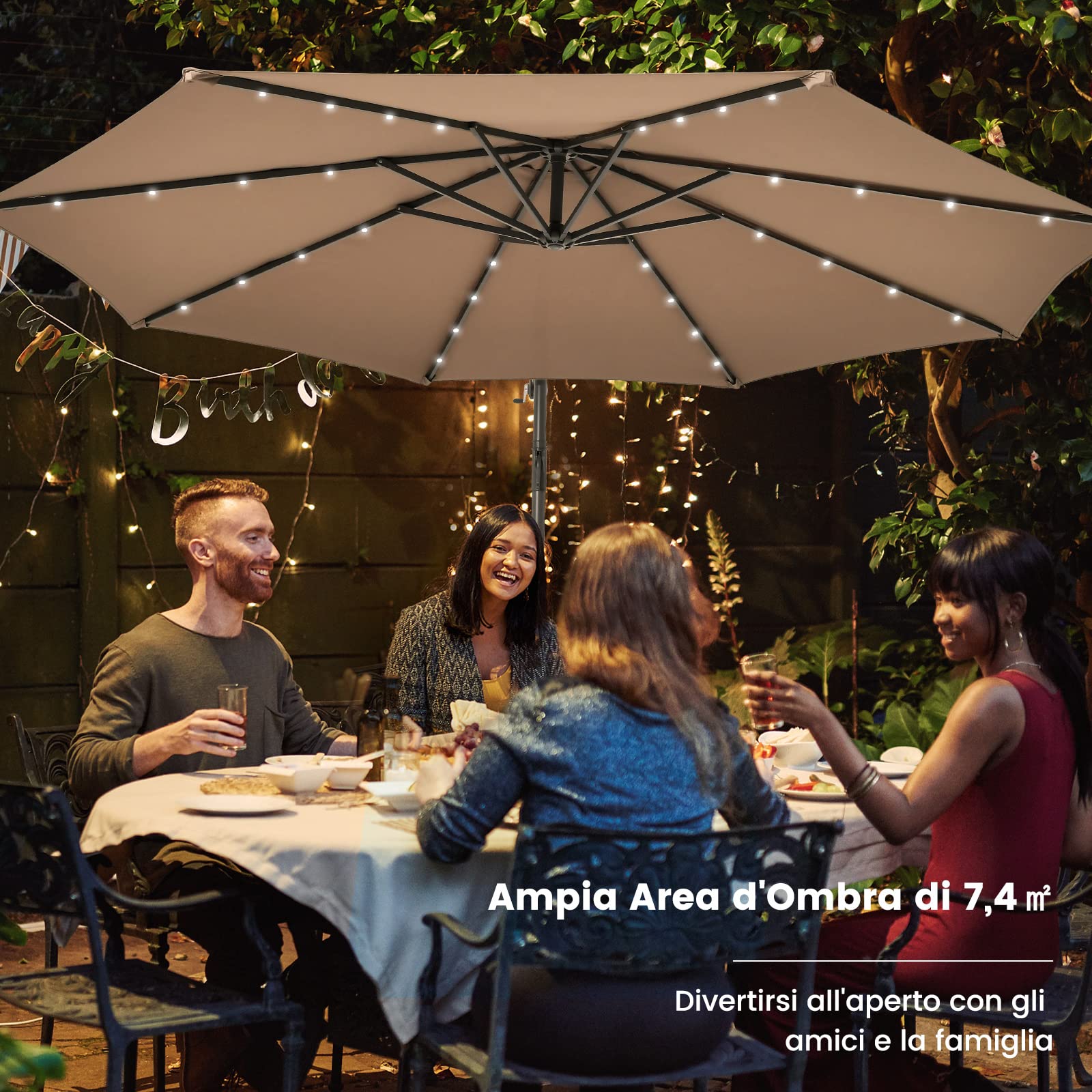 RELAX4LIFE Ombrellone da Giardino 3x3M con Luci a LED, Ombrellone da Balcone con Base a Croce e Sacco di Sabbia, Protezione Solare
