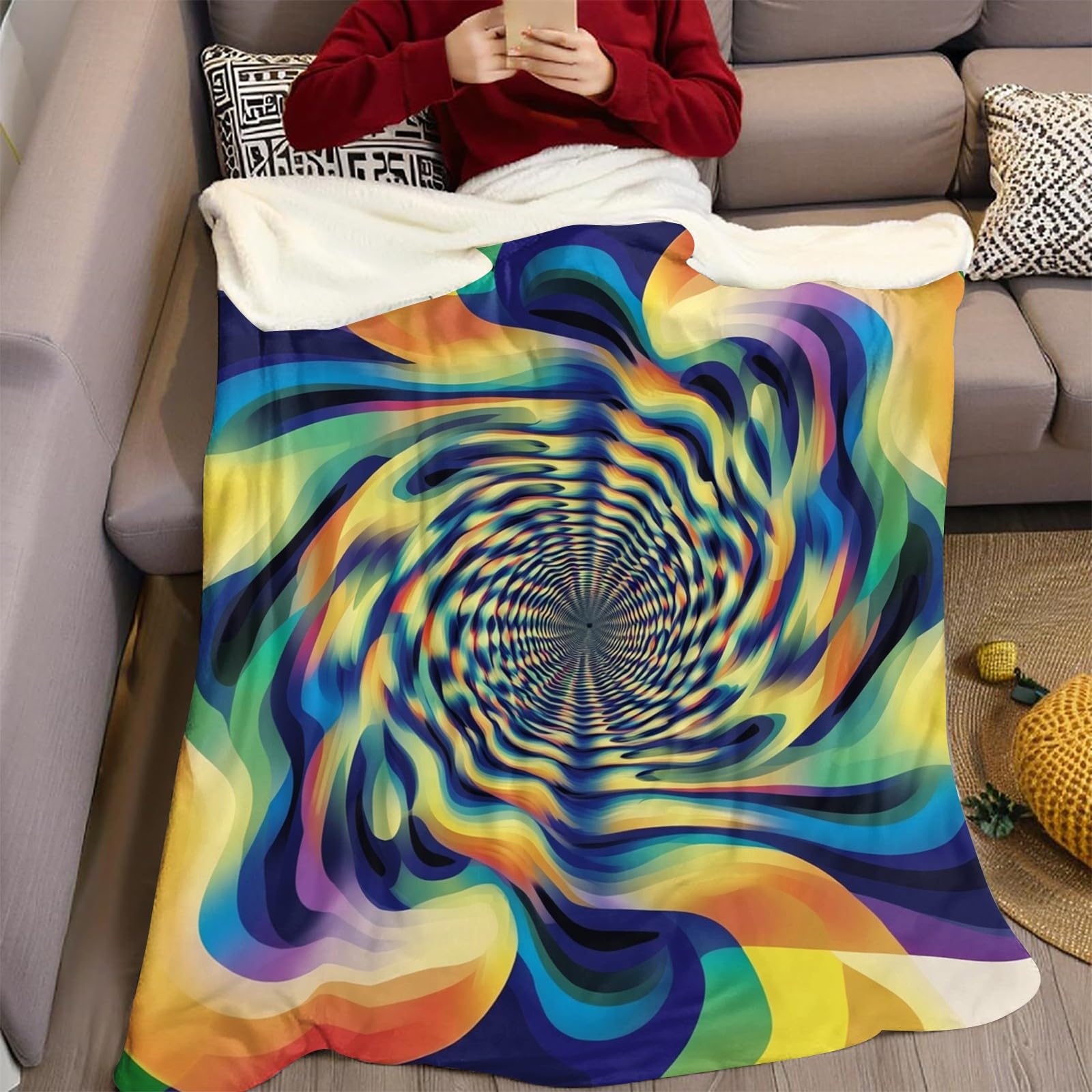 Coperta 220 x 240 cm Schema astratto rotante Plaid Pile Flanella Morbido Caldo Coperta Decorativa per Letto Divano Ufficio Adolescenti e Adulti, giallo