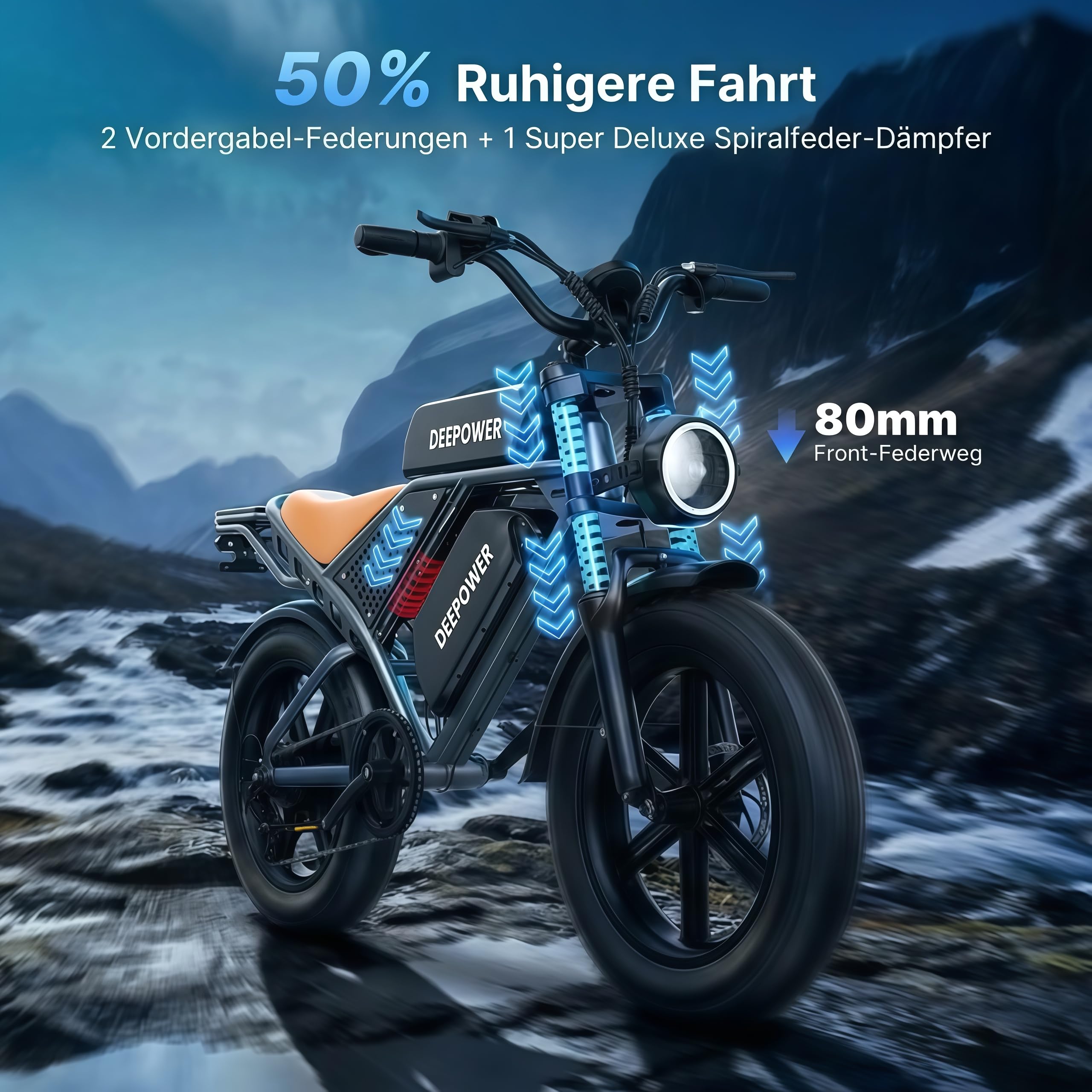 DEEPOWER QS7 E-Bike Für Erwachsene, 48V 20Ah/35Ah/60Ah Herausnehmbarer Akku, Bis Zu 110-250KM Reichweite, 20 Zoll Fat Tire E-Bike, Vollfederung, Shimano 7-Gang, All-Terrain Elektrofahrrad