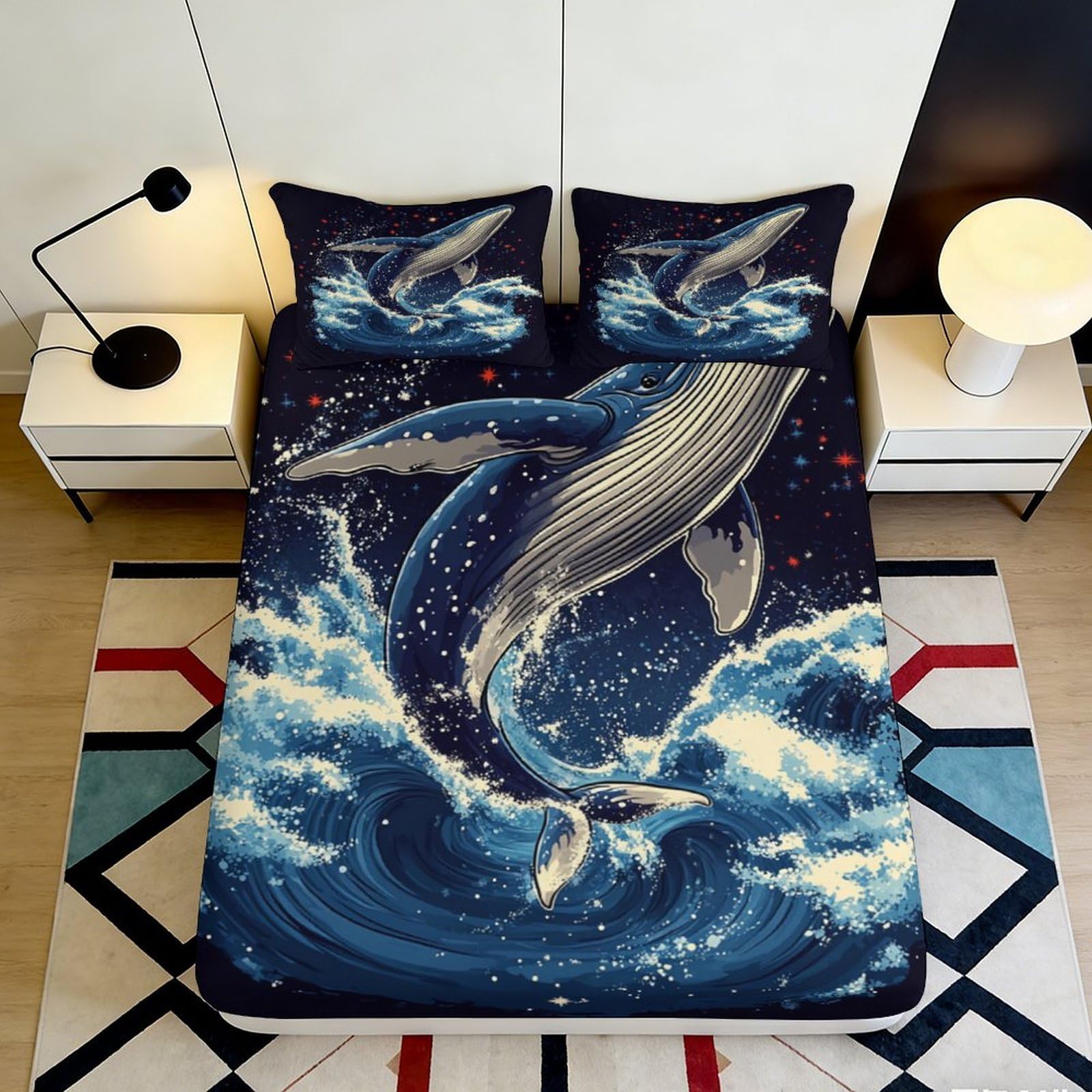 3D Printed Ocean Whale Fitted Sheet Microfiber Soft Waterproof Blue Sea Bed Cover for Bedroom Guest Room Decor 90x200x25cm