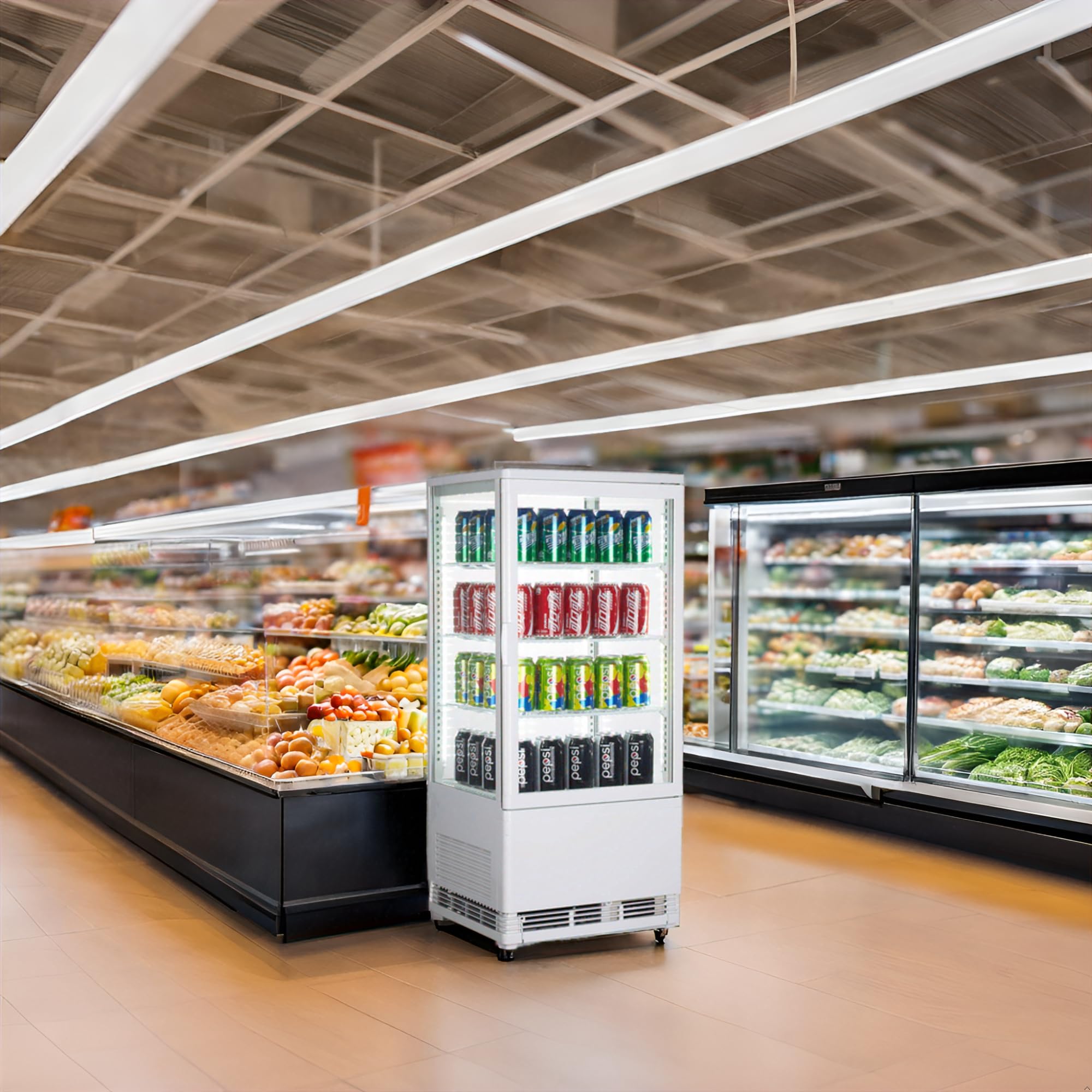 Vitrina refrigerada panorámica blanca 78L – 4 caras acristaladas – Frío ventilado – Iluminación LED – Temperatura 0 a 12°C – Compacta y moderna