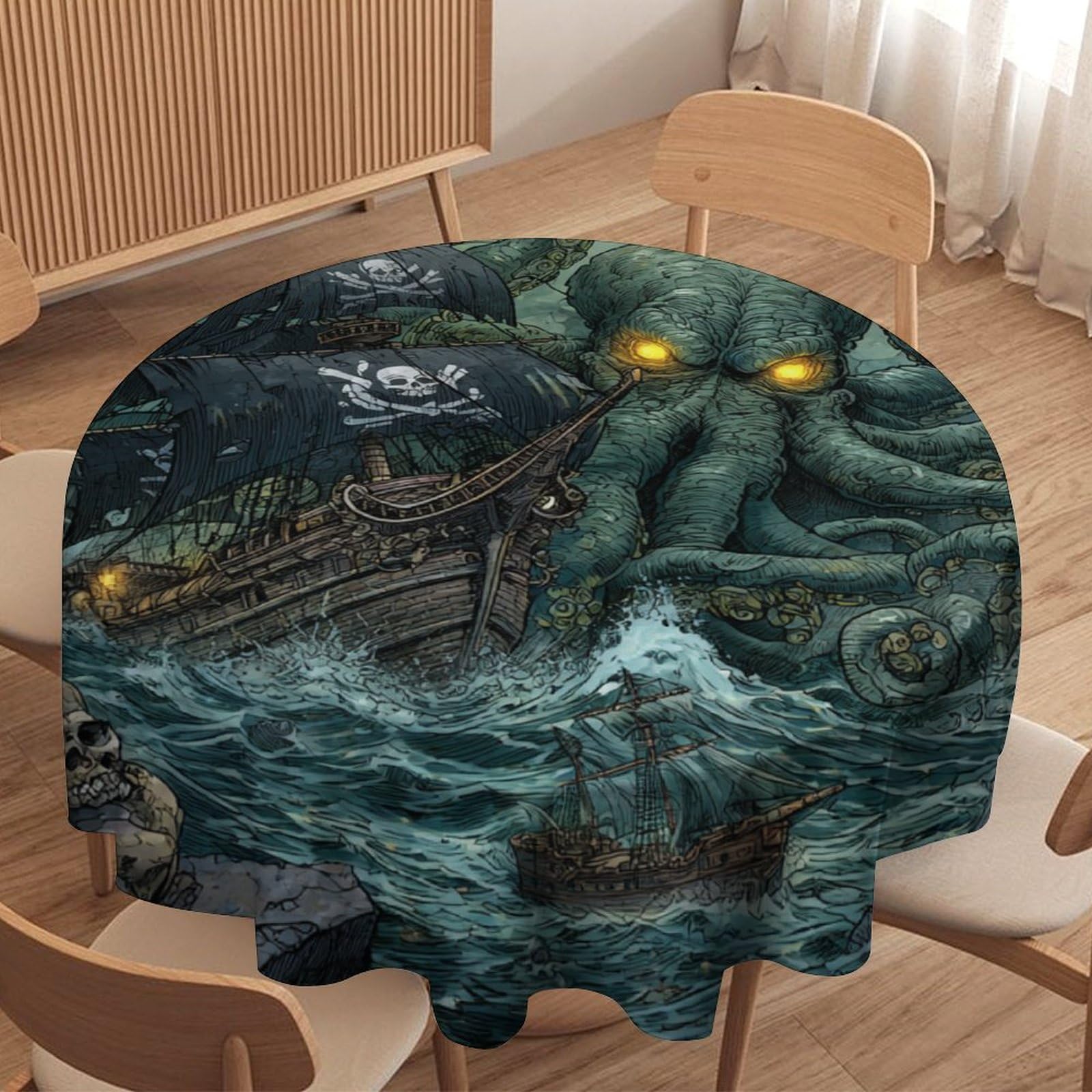 Luyysky Viking Nautical Sea Octopus Round Tablecloth Classic Watercolor Animal Octopus Pirate Ship Skeleton Skull Washable Decor For Table Cover For Kitchen-127 Wx127 L Cm