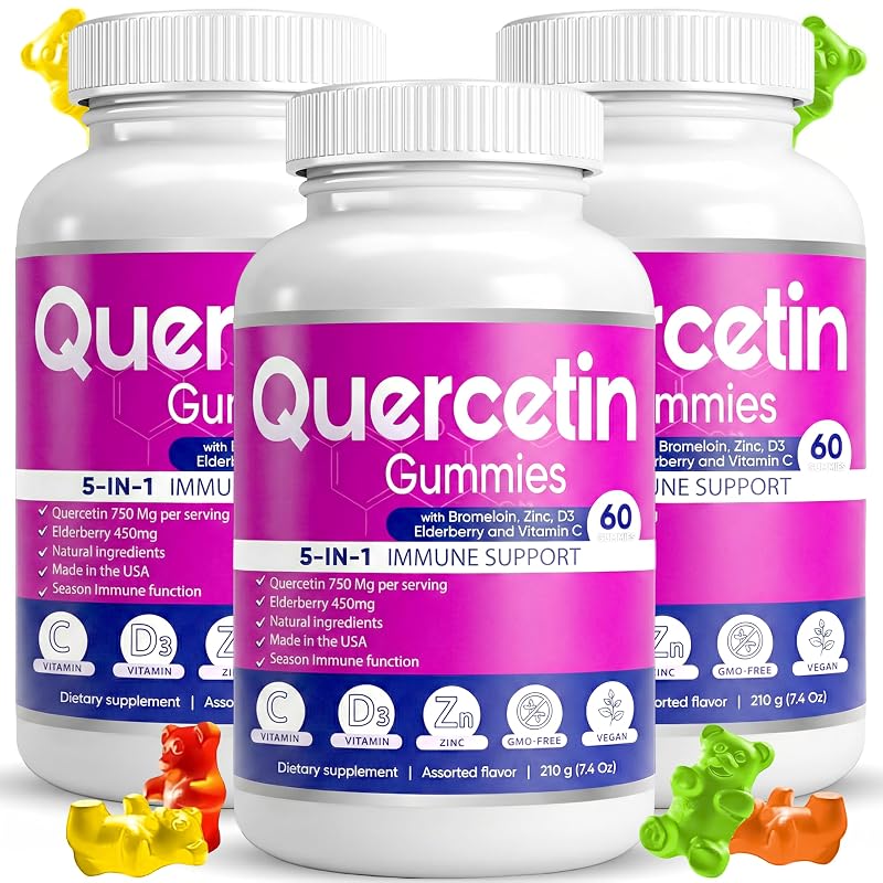 BIO VITALICA Suplemento de quercetina em gomas com bromelina, vitamina C, zinco, sabugueiro e vitamina D3, 750 mg, 180 gomas