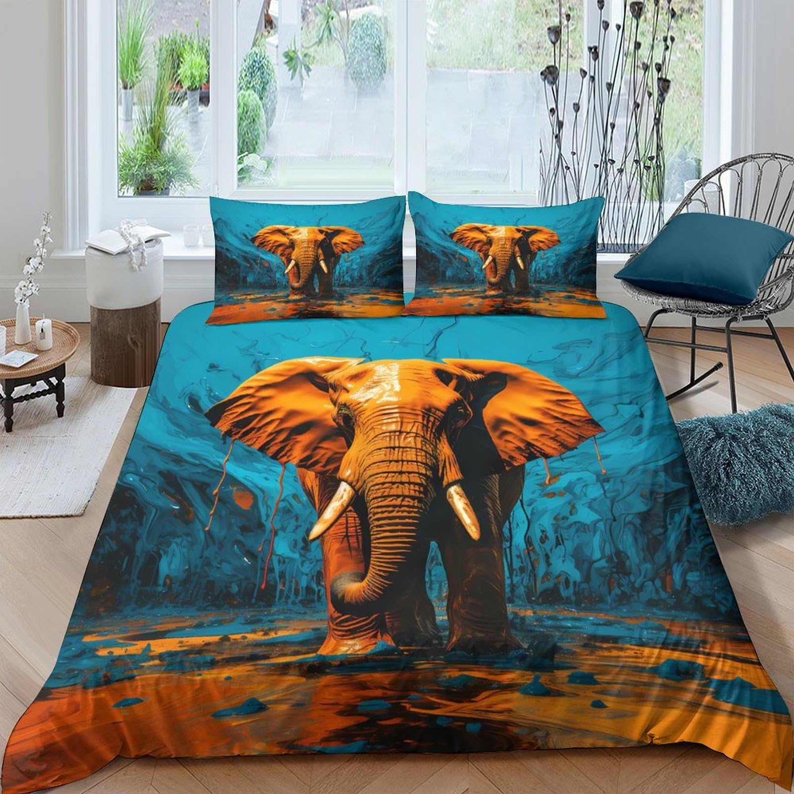 Ctjqhvkz Style-5 3D Printed Orange Elephant Fitted Sheet Microfiber Soft Blue Forest Bed Cover For Bedroom Guest Room Decor Single（135X200cm）