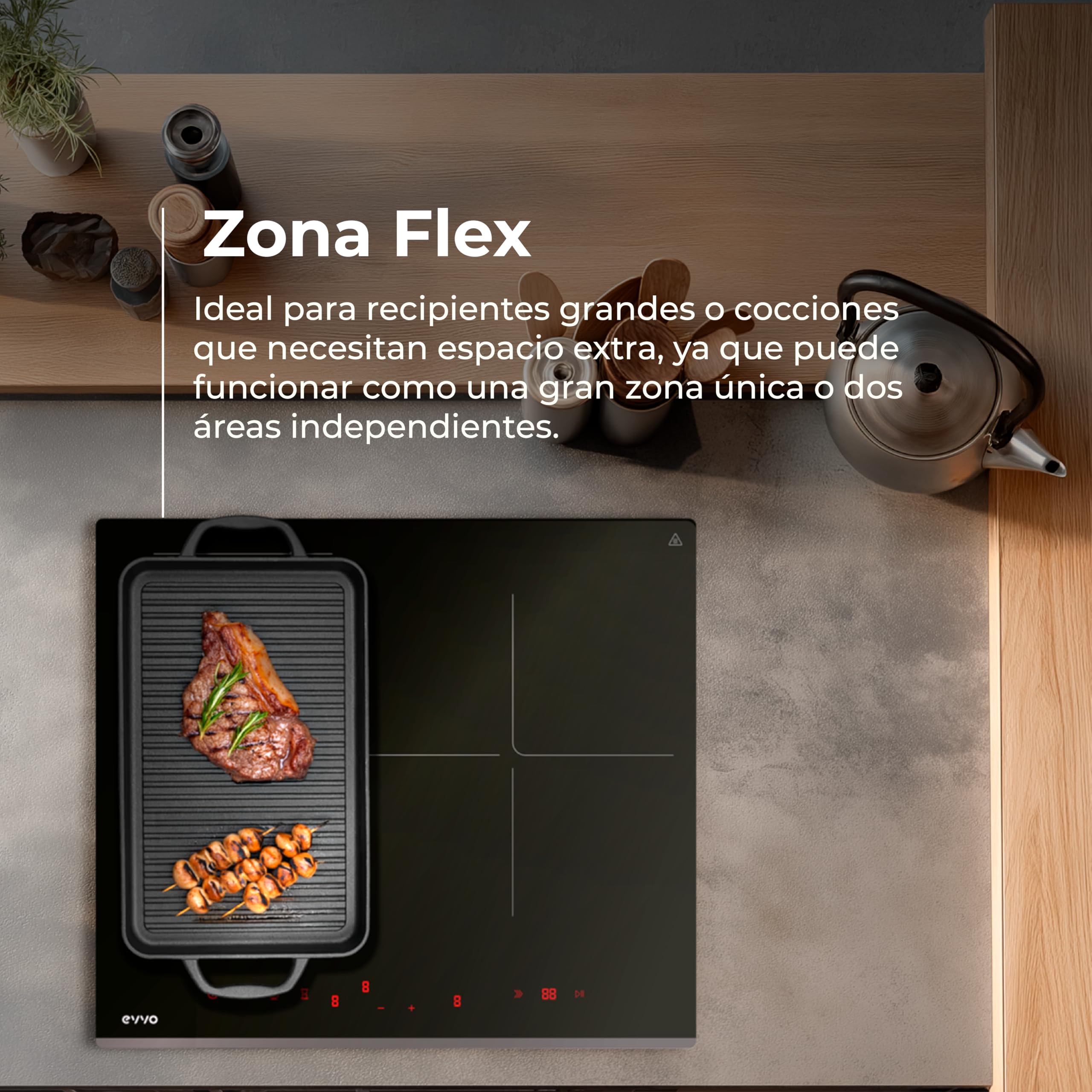EVVO Placa Inducción V62 - Vitrocerámica Inducción 4 Zonas, Zona Flexible, 7200W, Booster, Control Táctil, 9 Niveles, Bloqueo Infantil, Temporizador, Apagado Automático, Cristal Negro