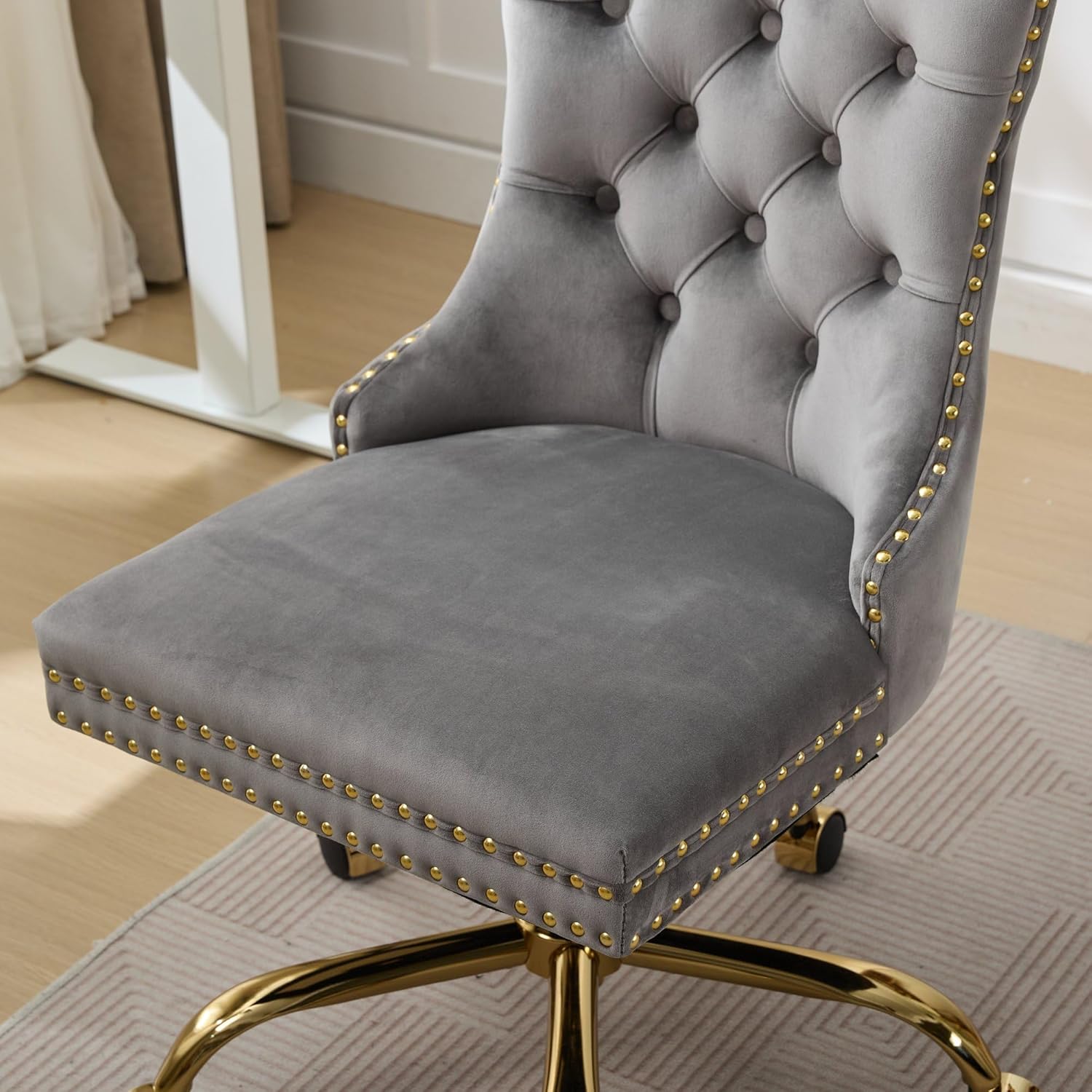 Goujxcy Desk Chair, Modern Velvet Upholstered Tufted Button Home Office Chair, 360° Swivel Armless Desk Chairs, 120°Rocking Ergonomic Computer Task Vanity Chairs, Gray