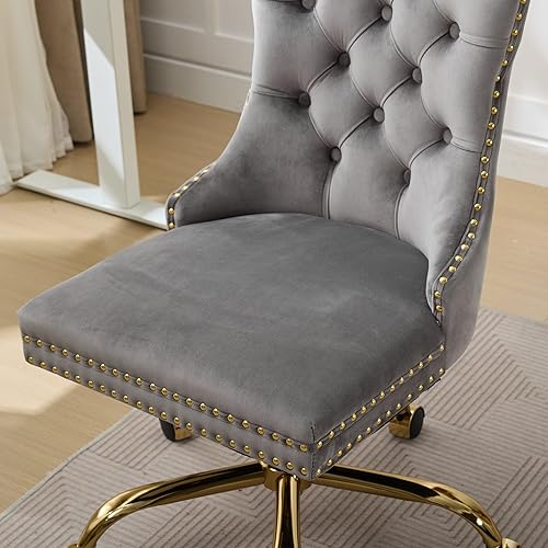 Miniatura 4 de Silla de oficina tapizada de terciopelo con botón copetudo con base de metal dorado, silla de escritorio ajustable silla de oficina giratoria para