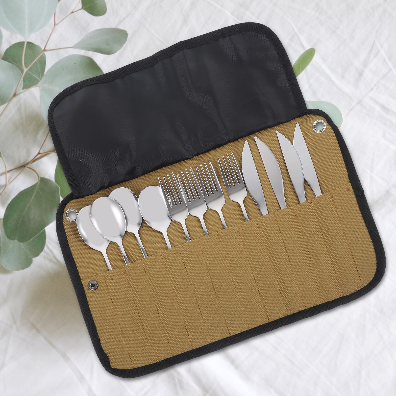 Set Posate da Campeggio in Acciaio Inox Borsa Arrotolabile | Argento, Design Compatto e Leggero, Facile Pulire e Portare per Bbq e Campeggio