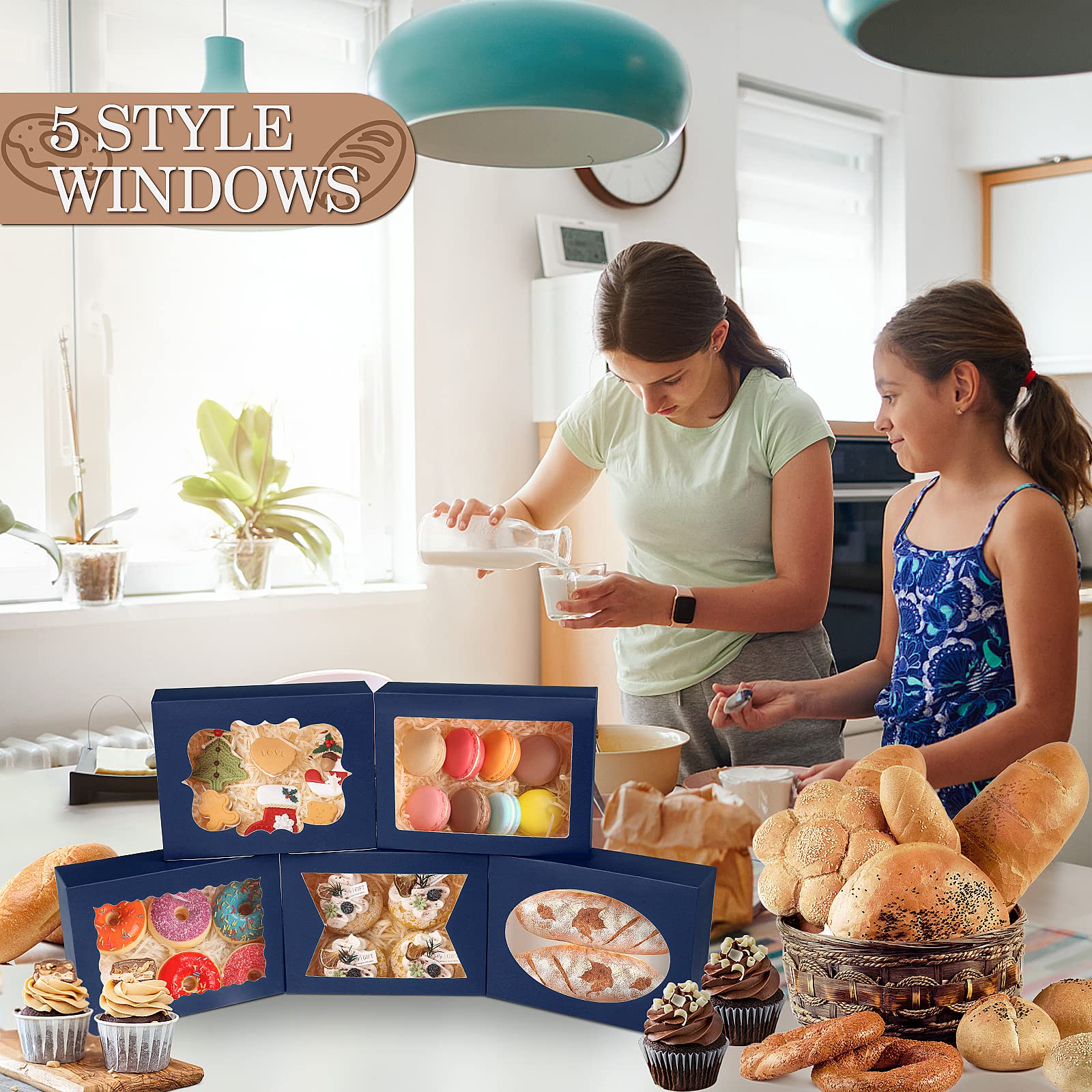 KPOSIYA 65 cajas de galletas de 8 x 6 x 2.5 pulgadas con ventana, cajas de panadería azules para regalo, golosinas, postres, cupcakes, chocolate, fresas, donas, magdalenas (5 ventanas de estilo)